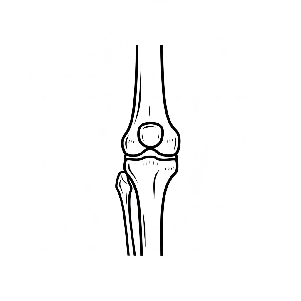 Black and white line drawing of a human knee joint, showing the thigh bone, shin bone, and kneecap.