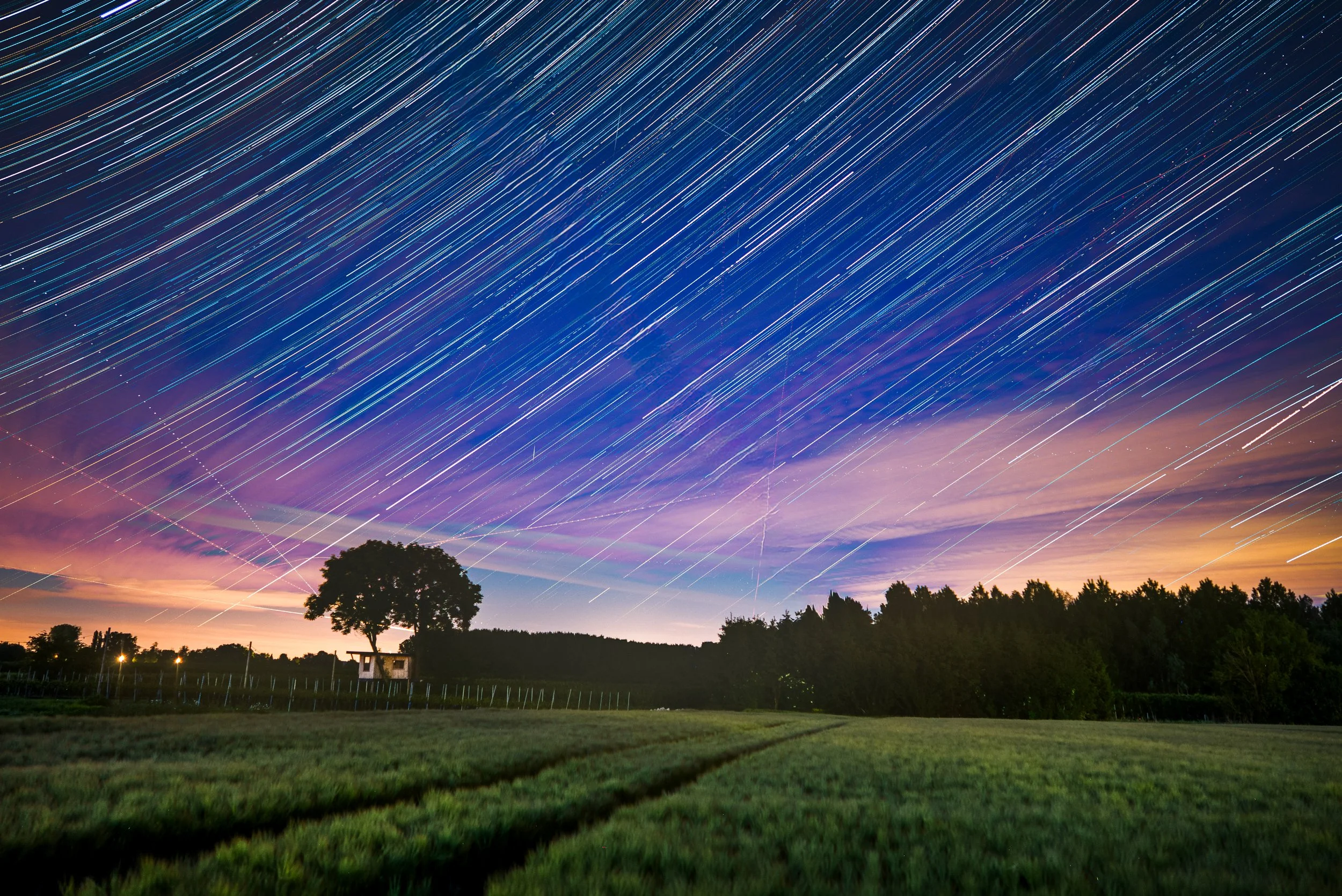 Long exposure photograph of star trails crossing the night sky above a rural landscape with trees and a small building.