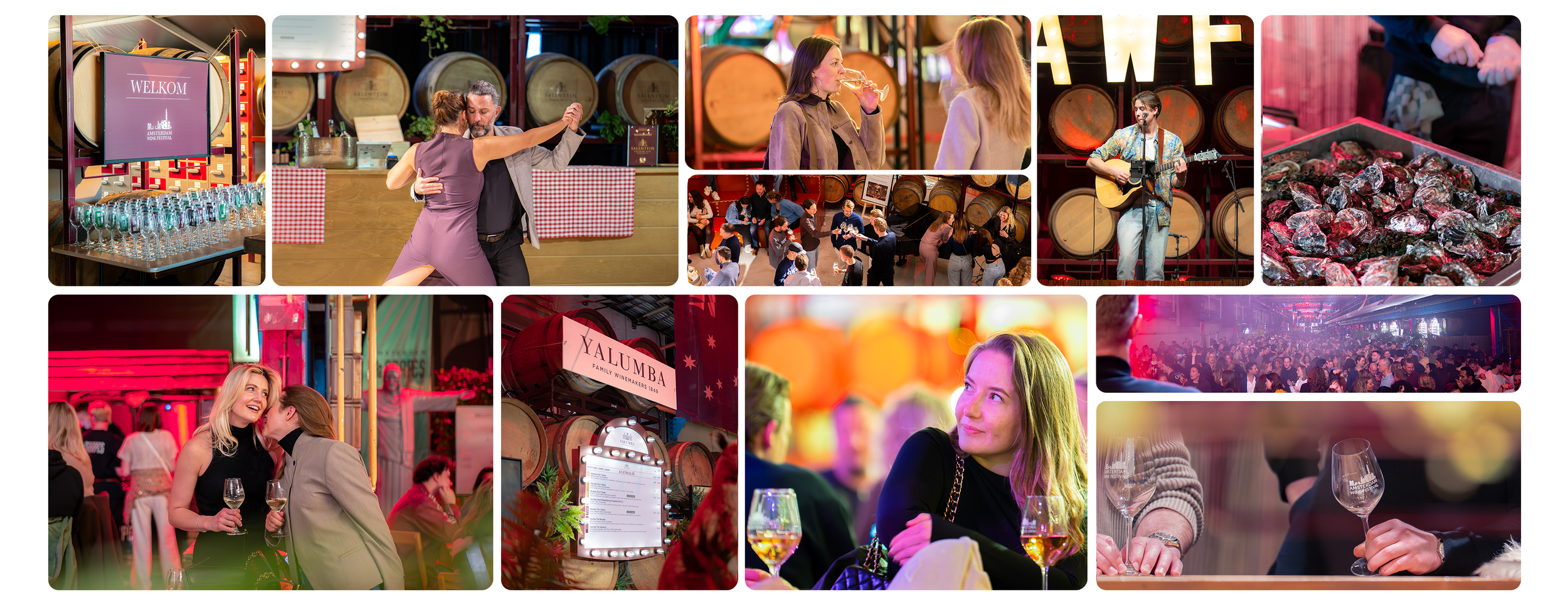 Amsterdam Wine Festival – Event Collage
Tijdens het Amsterdam Wine Festival staat de combinatie van wijn, eten en beleving centraal. Het evenement biedt een toegankelijke manier om nieuwe smaken te ontdekken, met aandacht voor kwaliteit, sfeer en ont