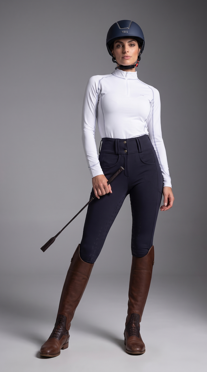 Ai Generated Image. A woman dressed in equestrian riding attire, wearing a helmet, white long-sleeve shirt, dark riding pants, and tall brown riding boots, holding a riding crop.