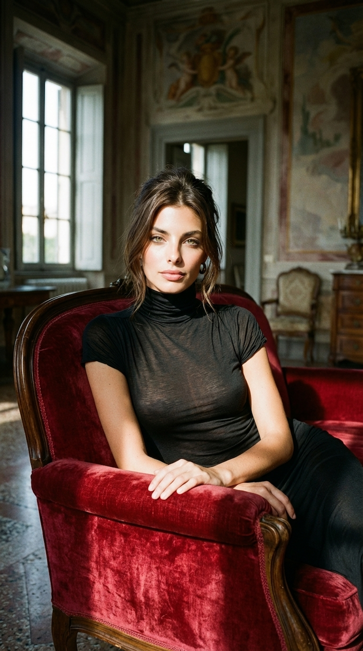 Ai Generated Image. A young woman with dark hair and light makeup sitting on a red velvet armchair in a room with ornate wall decorations and large windows.