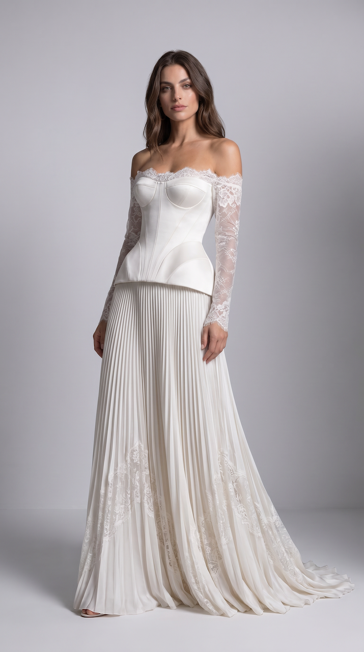Ai Generated Image. A woman wearing a white, off-shoulder bridal gown with lace sleeves and a fitted bodice, posing against a plain gray background.