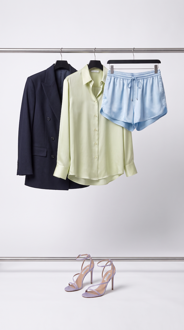 Ai Generated Image. Clothing rack with a dark blazer, a pale yellow satin blouse, and light blue satin shorts. A pair of lavender high-heeled sandals placed on the floor beneath the rack.
