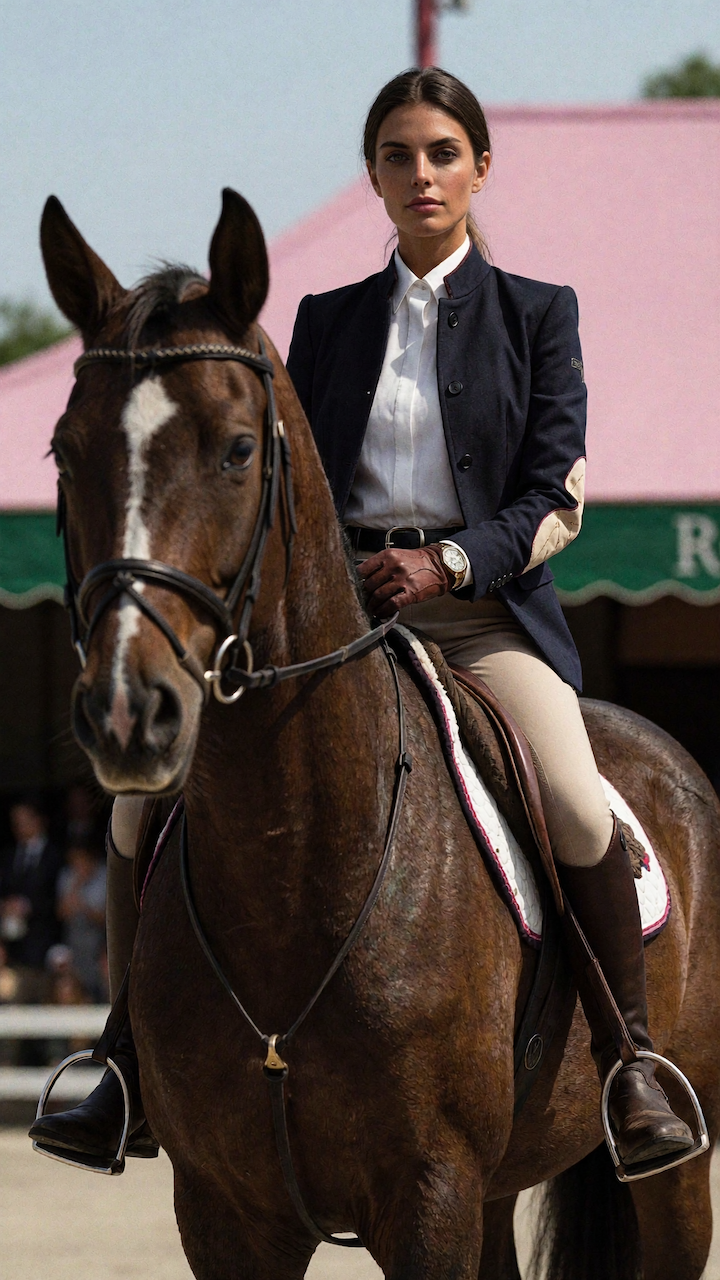 Ai Generated Image. A woman in riding attire sitting on a brown horse, outdoors with buildings in the background.