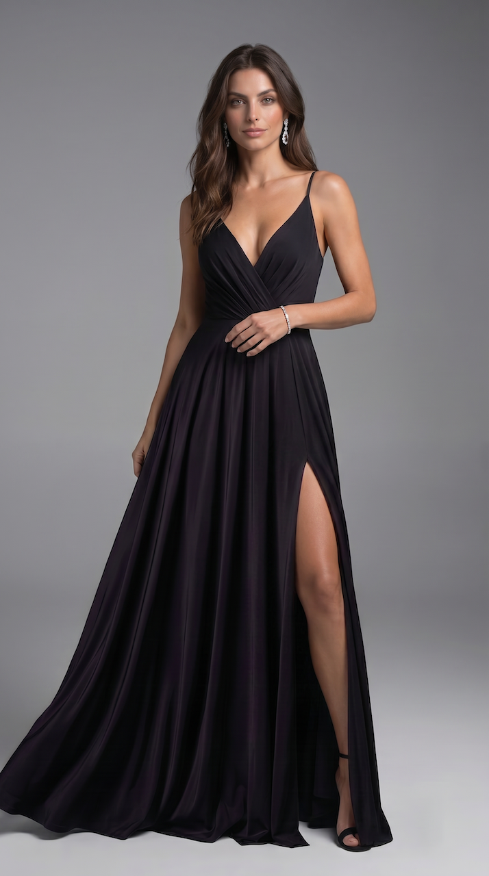Ai Generated Image. A woman in a long black evening gown with a high slit, standing against a plain gray background.