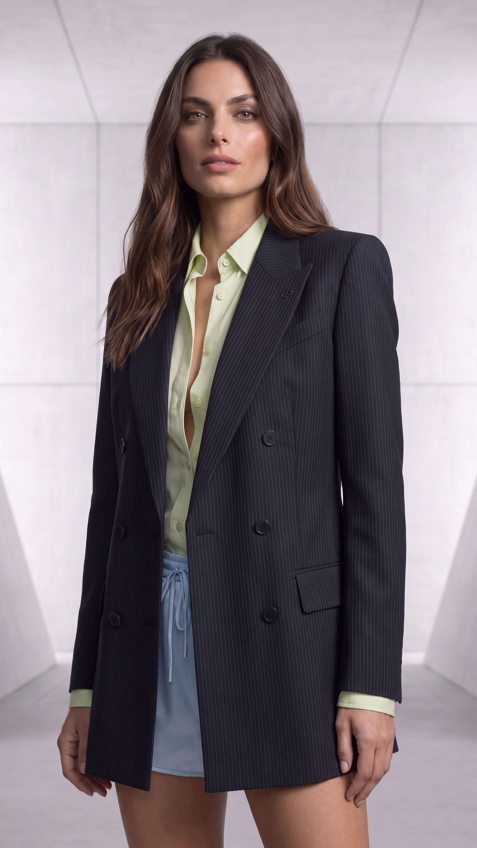 Ai Generated Image.  A woman with long brown hair and light skin wearing a dark pinstripe blazer over a light yellow shirt and blue shorts, standing in a small, gray, enclosed space.
