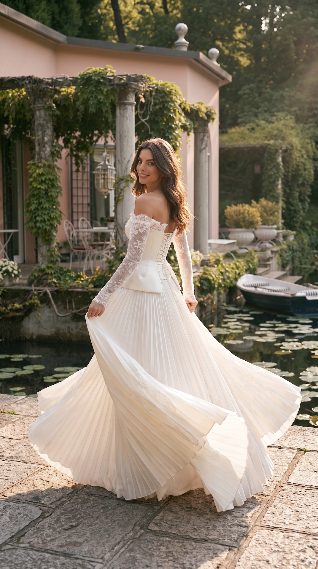 Ai Generated Image. A woman in a wedding dress standing outdoors by a pond with water lilies, surrounded by greenery and an elegant building with columns and climbing plants, during late afternoon sunlight.