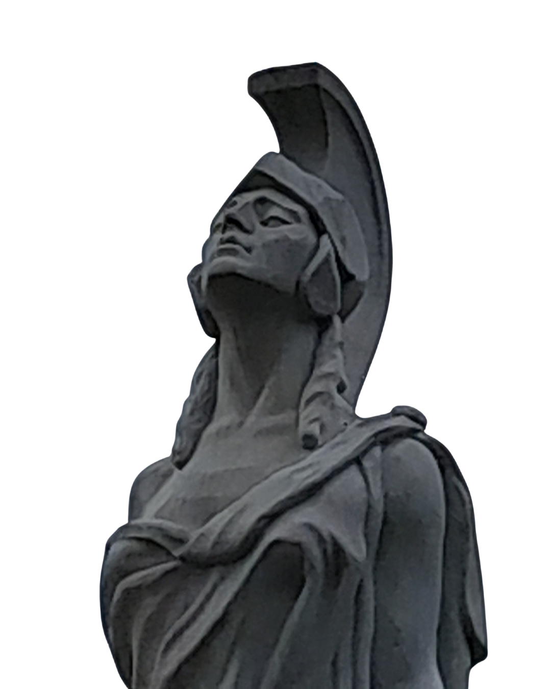 A grayscale sculpture of a woman wearing a tall, curved headdress and flowing garments, with her head tilted back slightly.