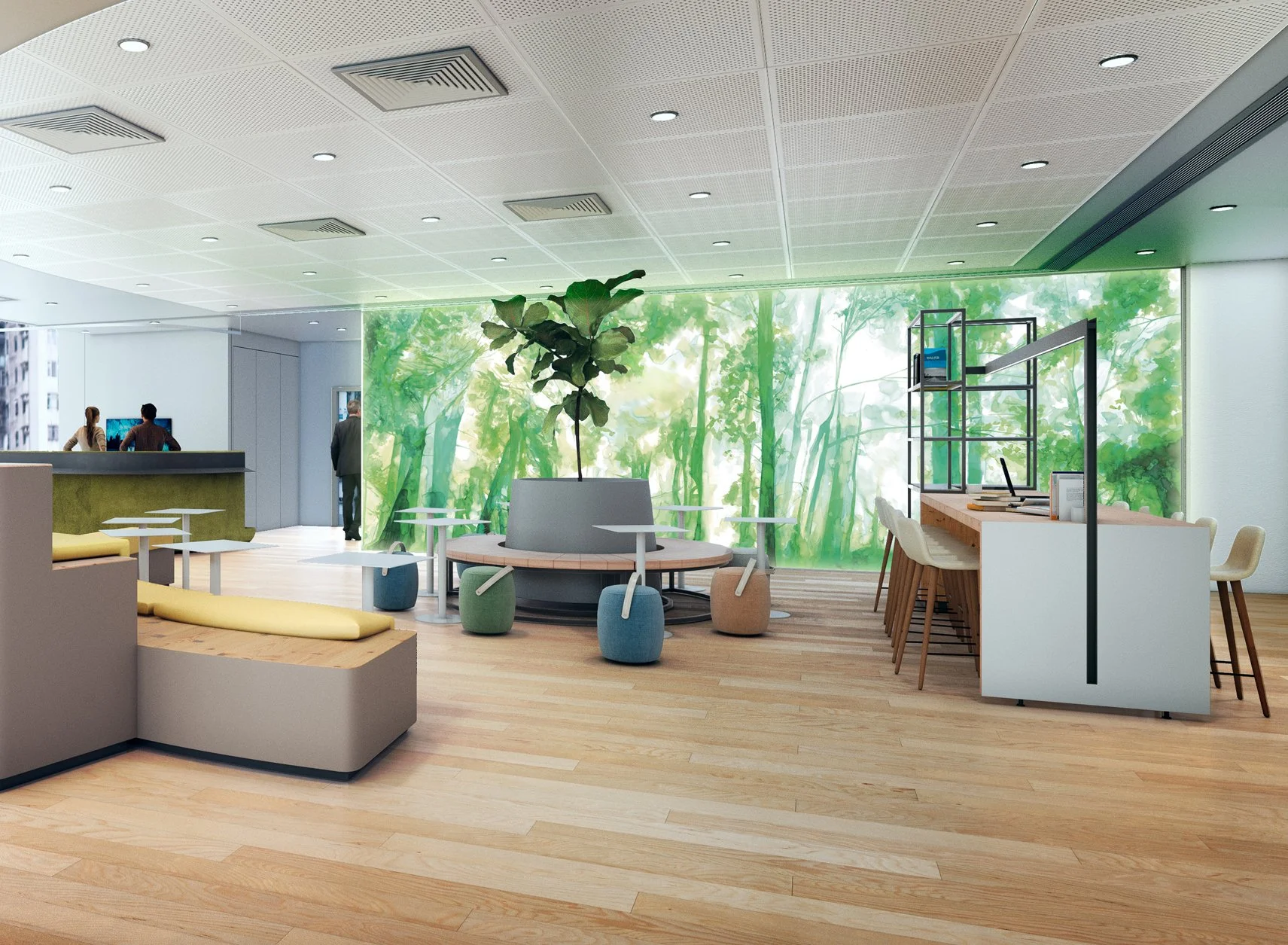 Scenic mural of a forest, originally painted on paper by ink and ecoline, and digitalised as one to one size as a print on acoustic panel