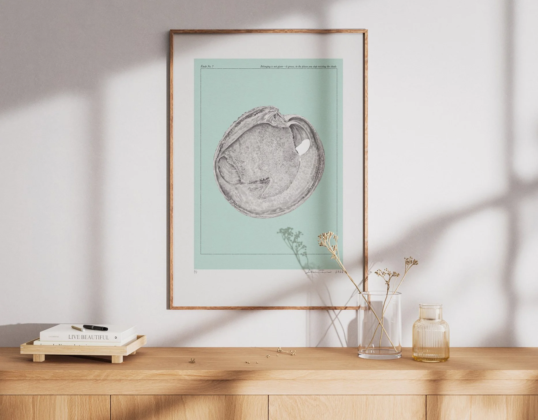 Artworks Etudes made by Vivid Arts Studio - a combination of hand painted drawing of shells, digital collage and text available as prints