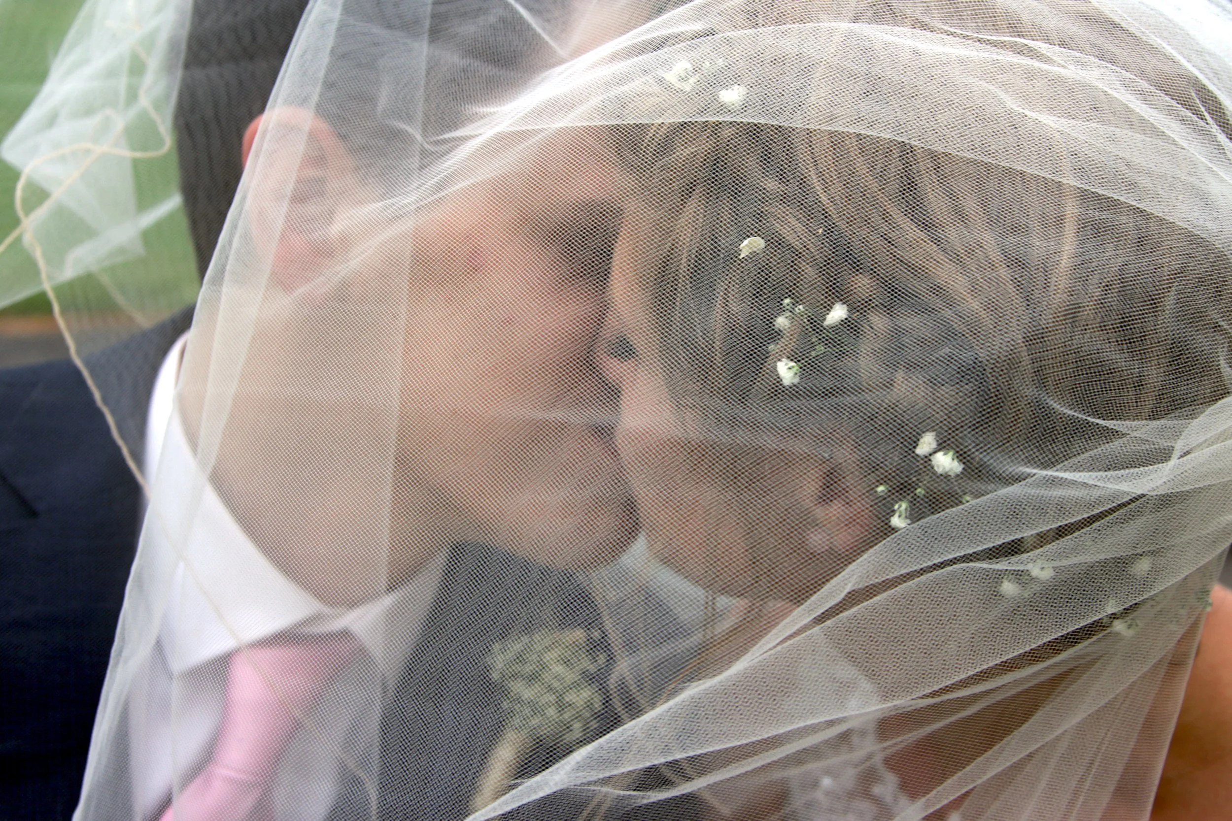 A bride and groom kissing under a bridal veil.
