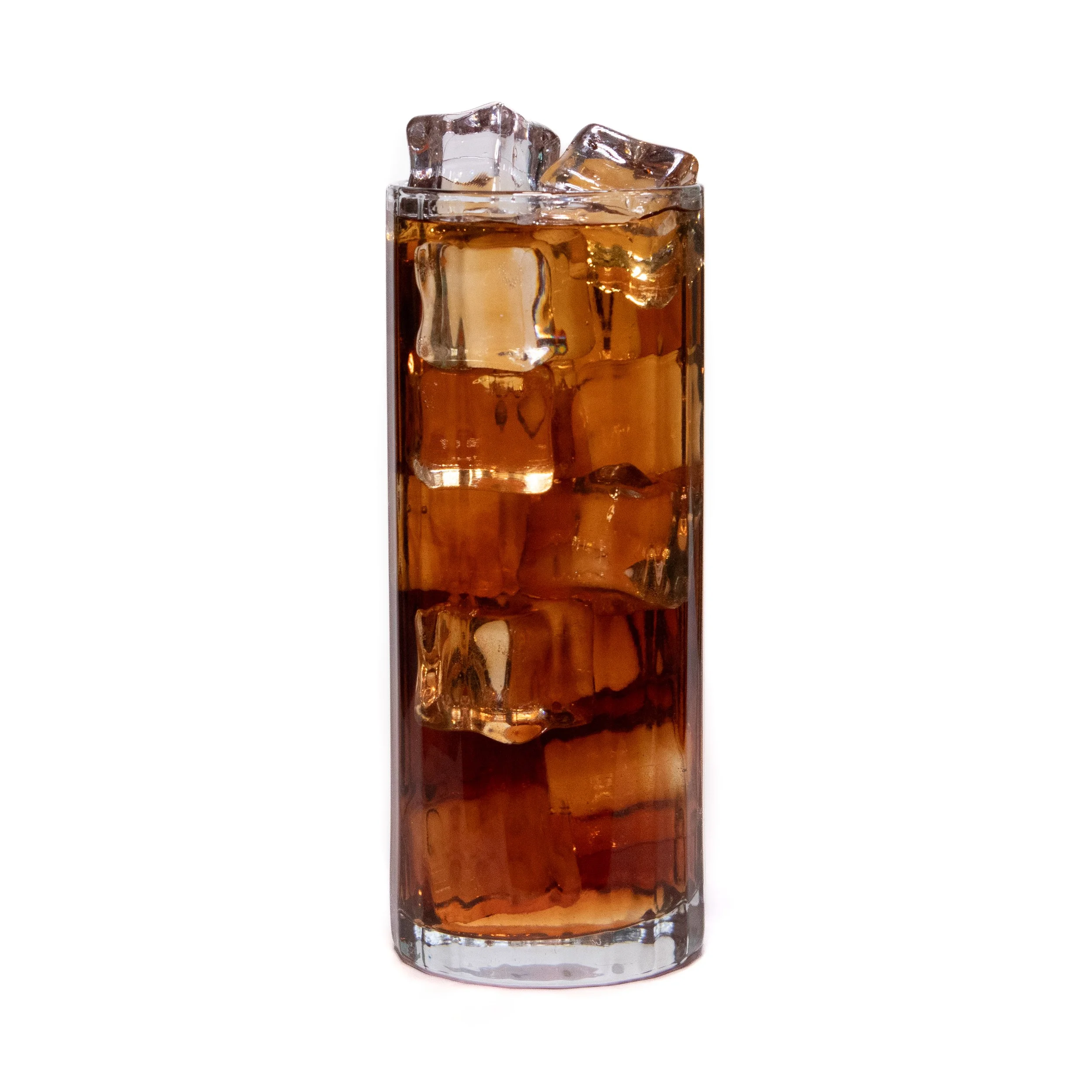 A tall glass filled with dark liquid and ice cubes.