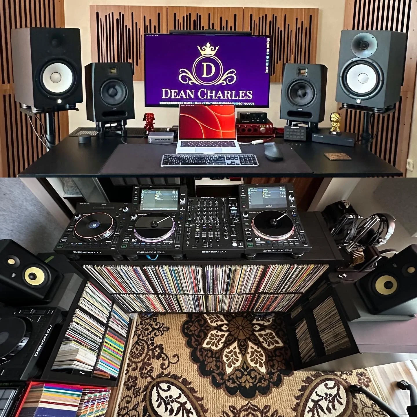 production room with a desk holding two large studio monitor speakers, a computer monitor displaying a logo Dean Charles and audio equipment. Below the desk is a collection of vinyl records stored on shelves, with CDs and audio gear. The room feature