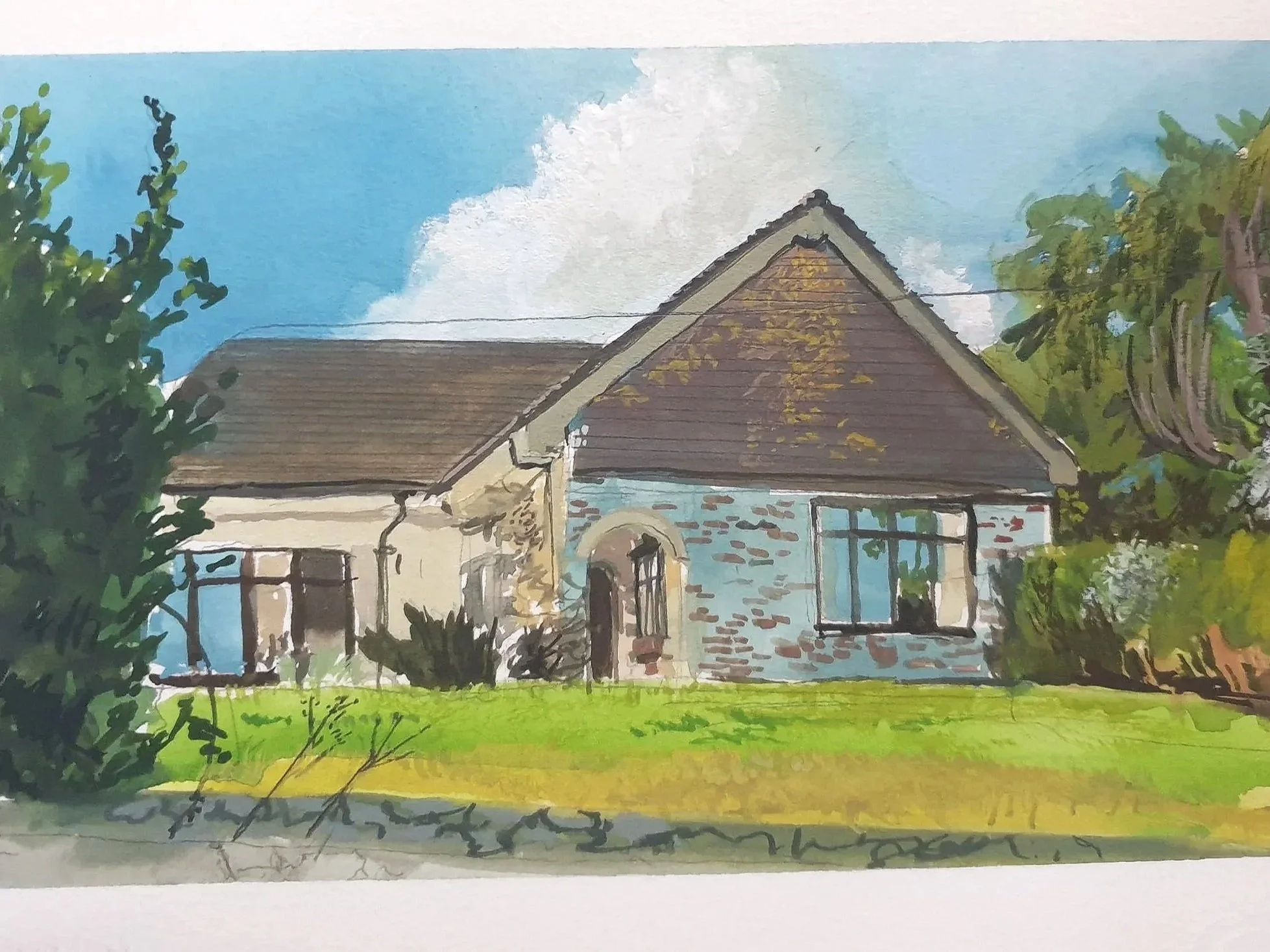 Mid day light suburban house - Gouache