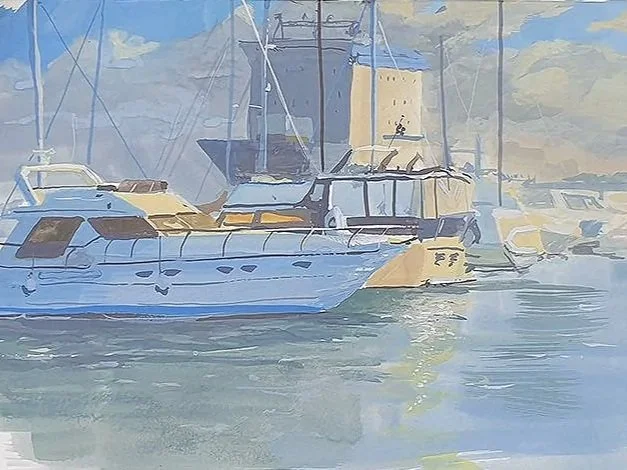 Early morning light at the docks - Gouache