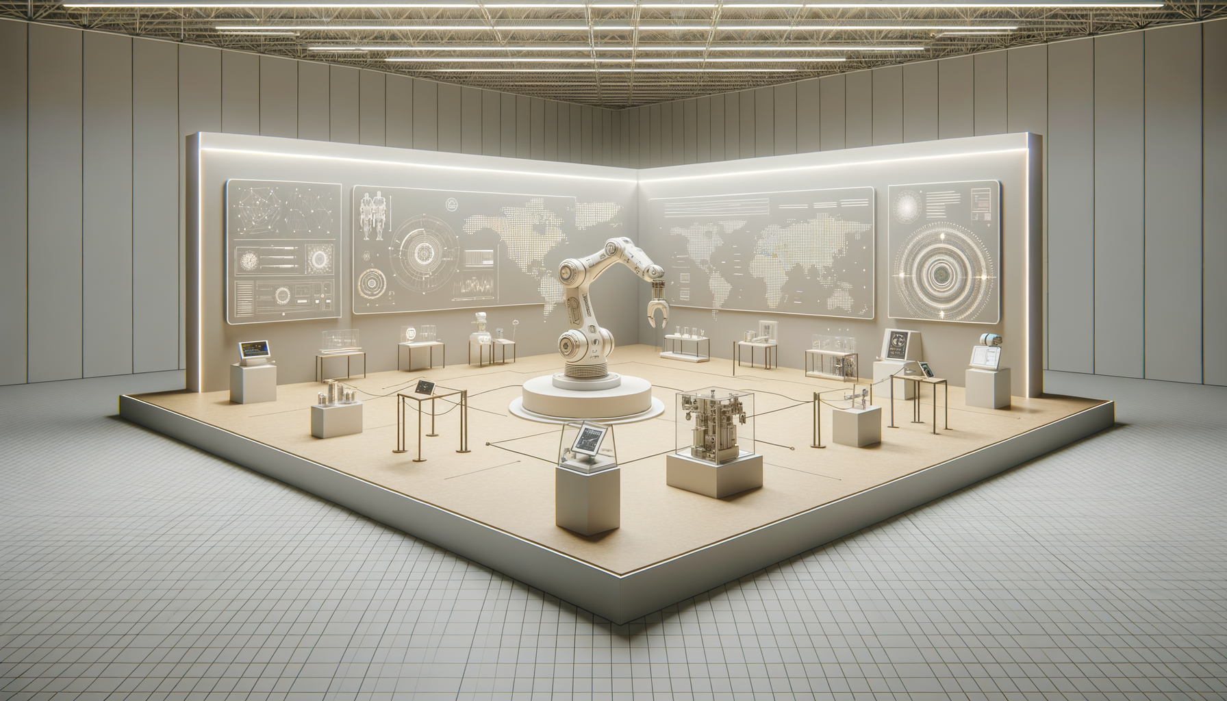 An exhibition displaying a large robotic arm surrounded by various smaller machines and technological displays in a modern, white-lit room.