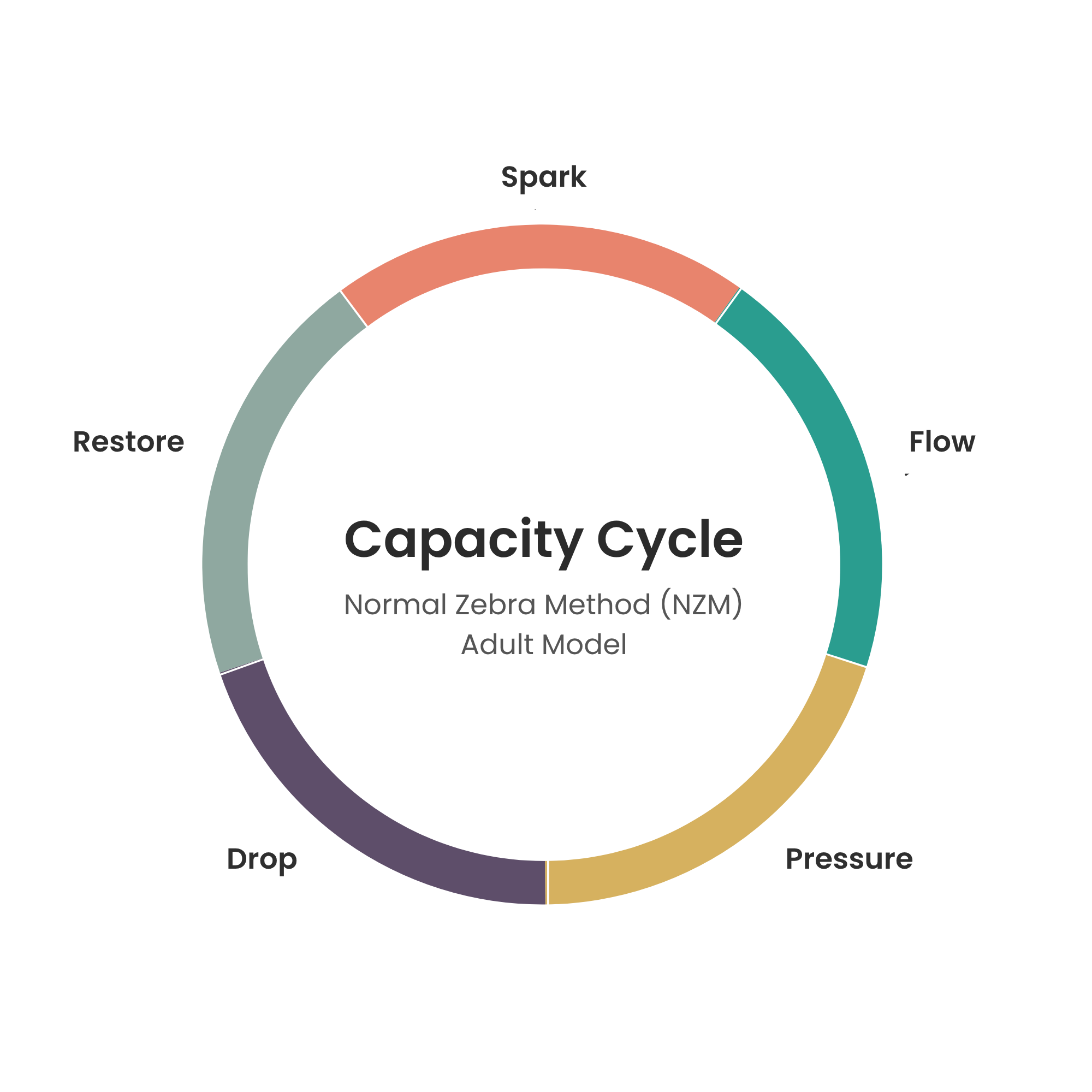 Capacity Cycle diagram used to help identify current phase, showing progression from Spark to Flow, Pressure, Drop, and Restore as part of a repeating burnout and recovery pattern.