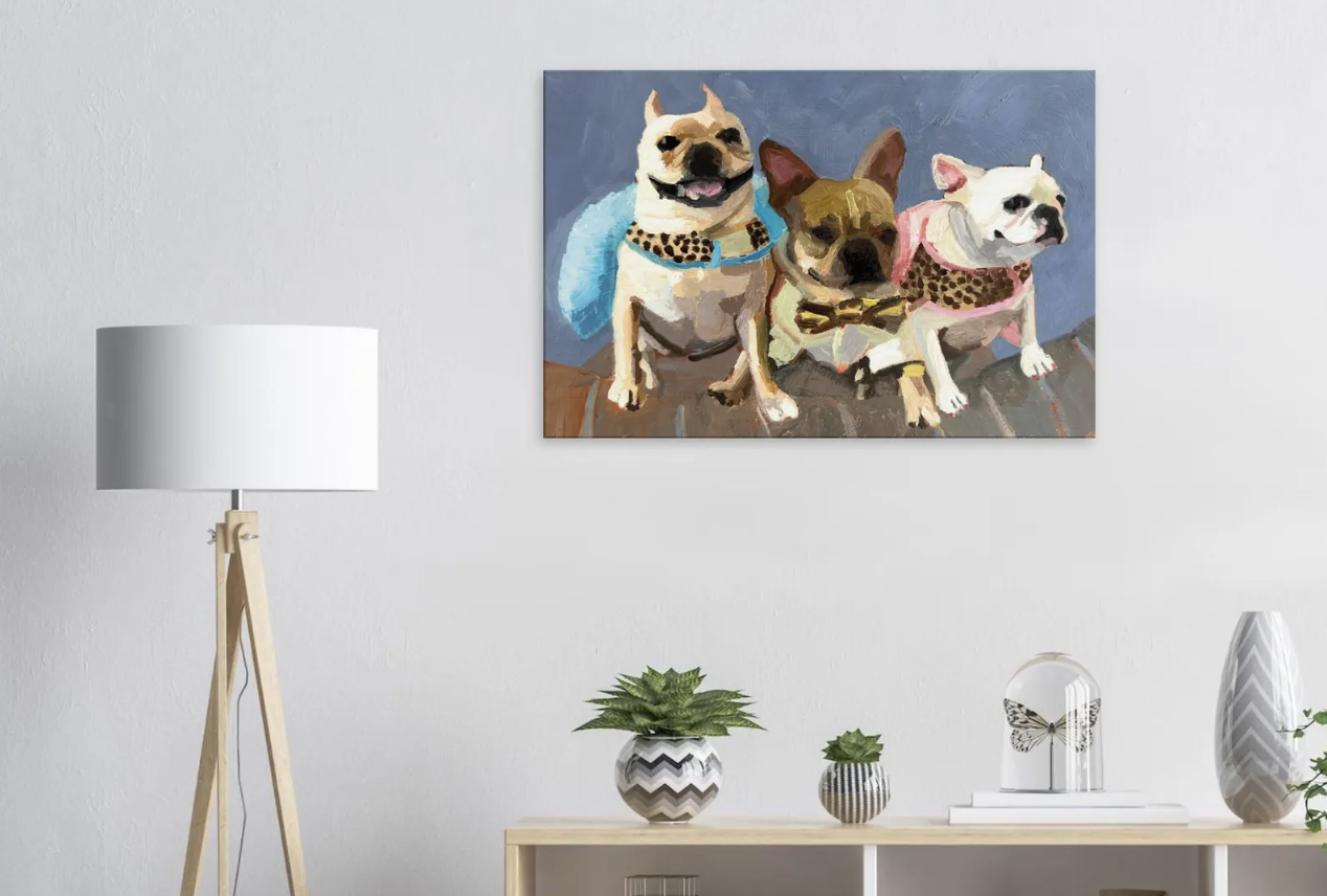 this is an image of Kate Ledogar's French Bulldogs painting, it is a large reproduction on canvas and sells at her Etsy shop for $170