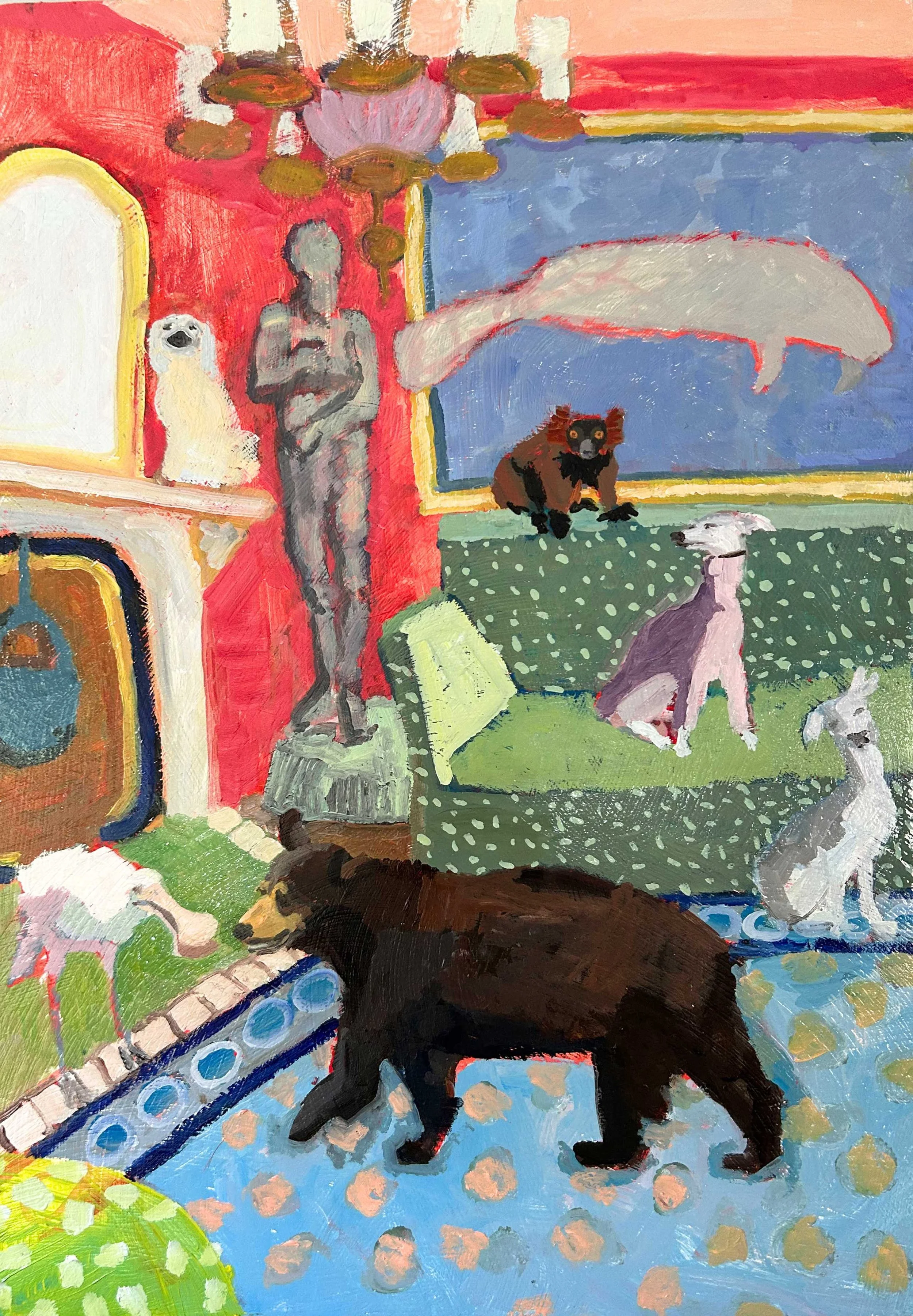 Florida Room 7: English Country Cottage with spoonbill, manatee, Tommy, Tommy and Bear, oil on board, 14x20"