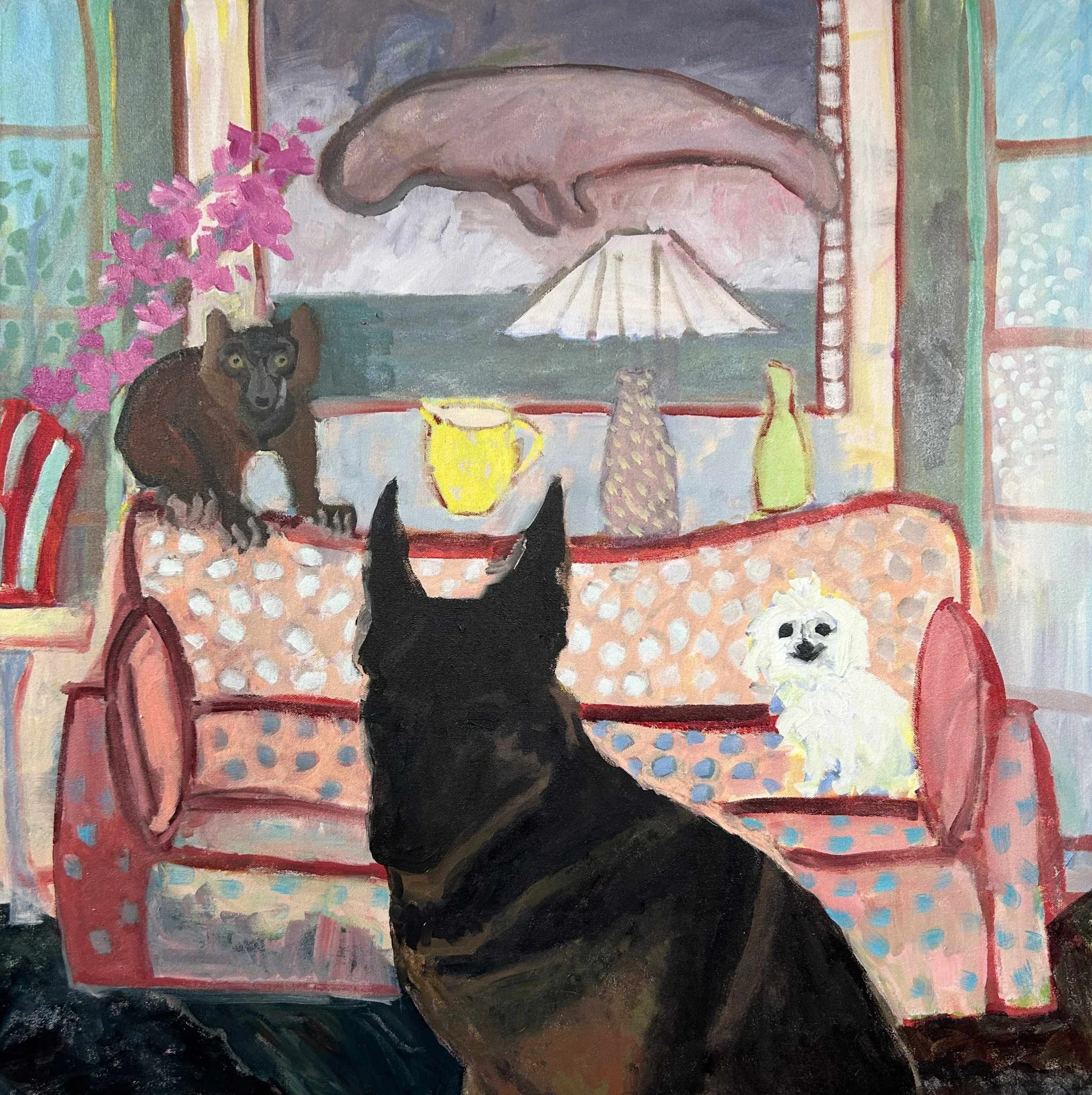 Florida Room 3: Salthrop House with Vega, Lemur, Manatee and Isabelle, oil on canvas, 2026, 36x36"