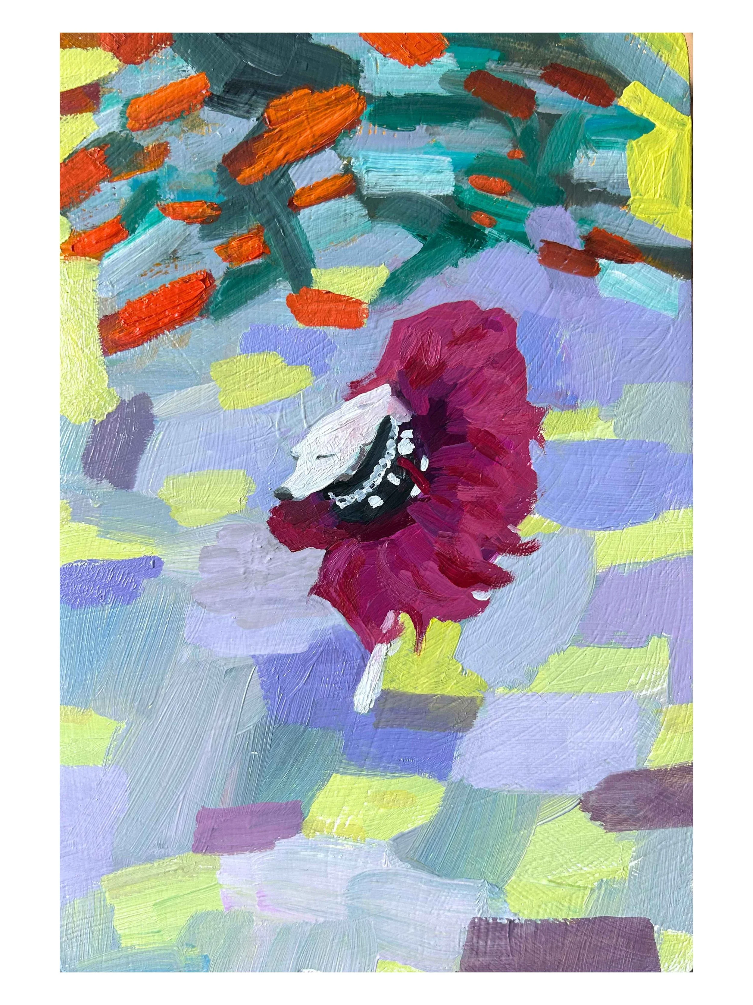 Kala's Arrival: Charles DeGaulle Airport, Fashion Week, oil on board, 2026, 7x10"