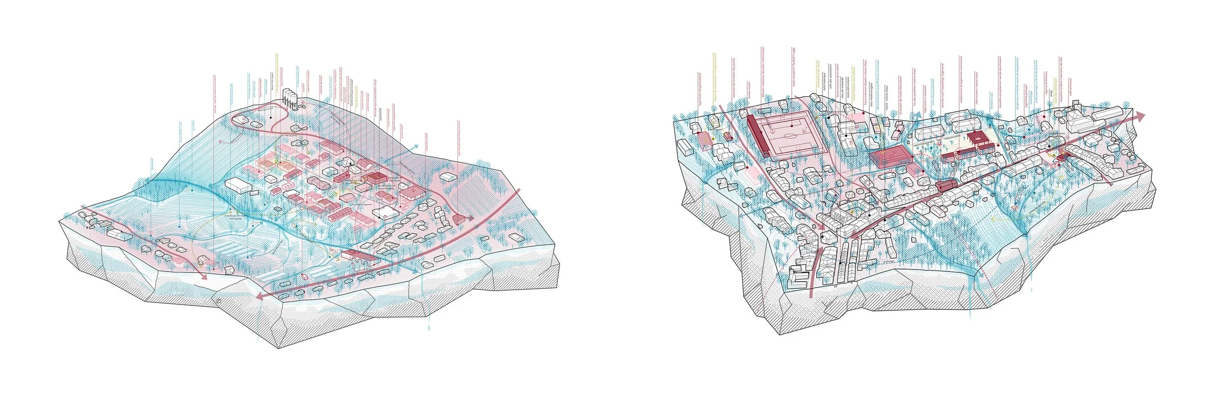 europan 18 - re-garde l'eau - axonométries de projet sur le centre-bourg et la zone d'activité du Tambouret