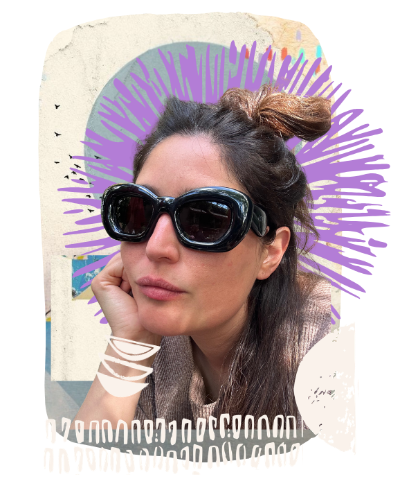 Woman with long brown hair, wearing large black sunglasses, resting her head on her hand, with an abstract purple and blue background.