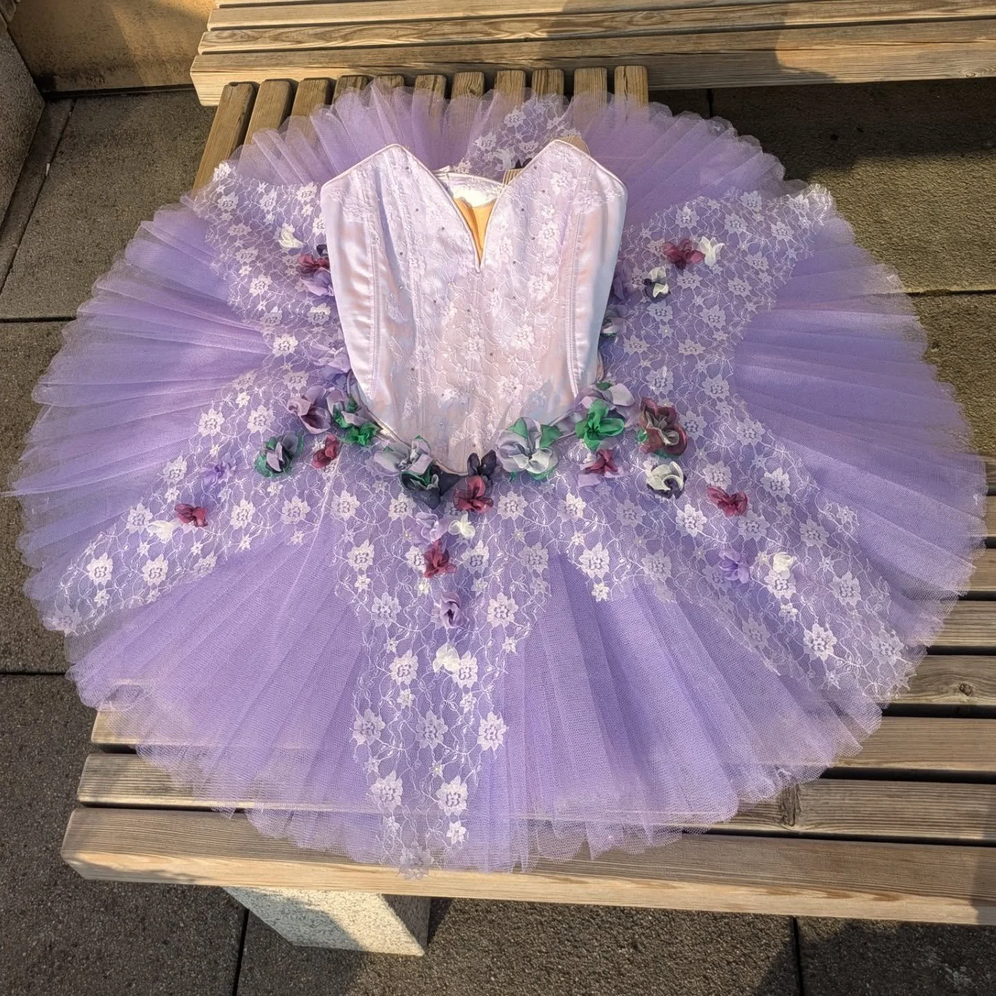 My first tutu made for my personal project @rcsofficial 
This costume was made for the character of the lilac fairy from the sleeping beauty. It is a pancake style tutu with 12 layers of net in the skirt, a boned bodice and finished with lace appliqu