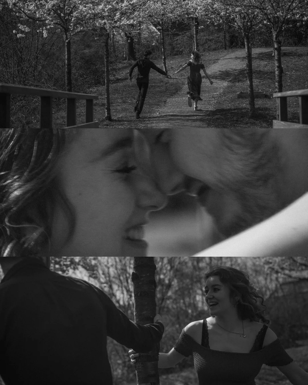 Three black and white photos: the top photo shows a couple holding hands and running in a park; the middle photo is a close-up of a kiss between a man and woman; the bottom photo depicts the woman smiling and holding a tree with a man standing nearby