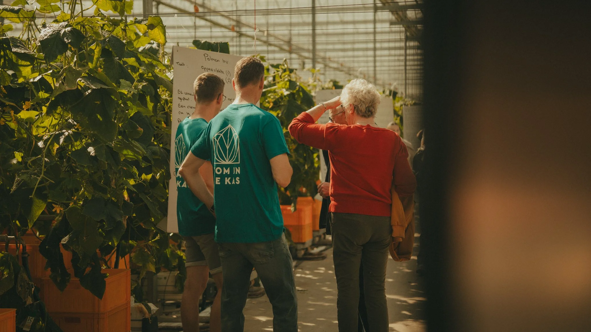 People inside a greenhouse, looking at a chart about plants, surrounded by lush green plants.