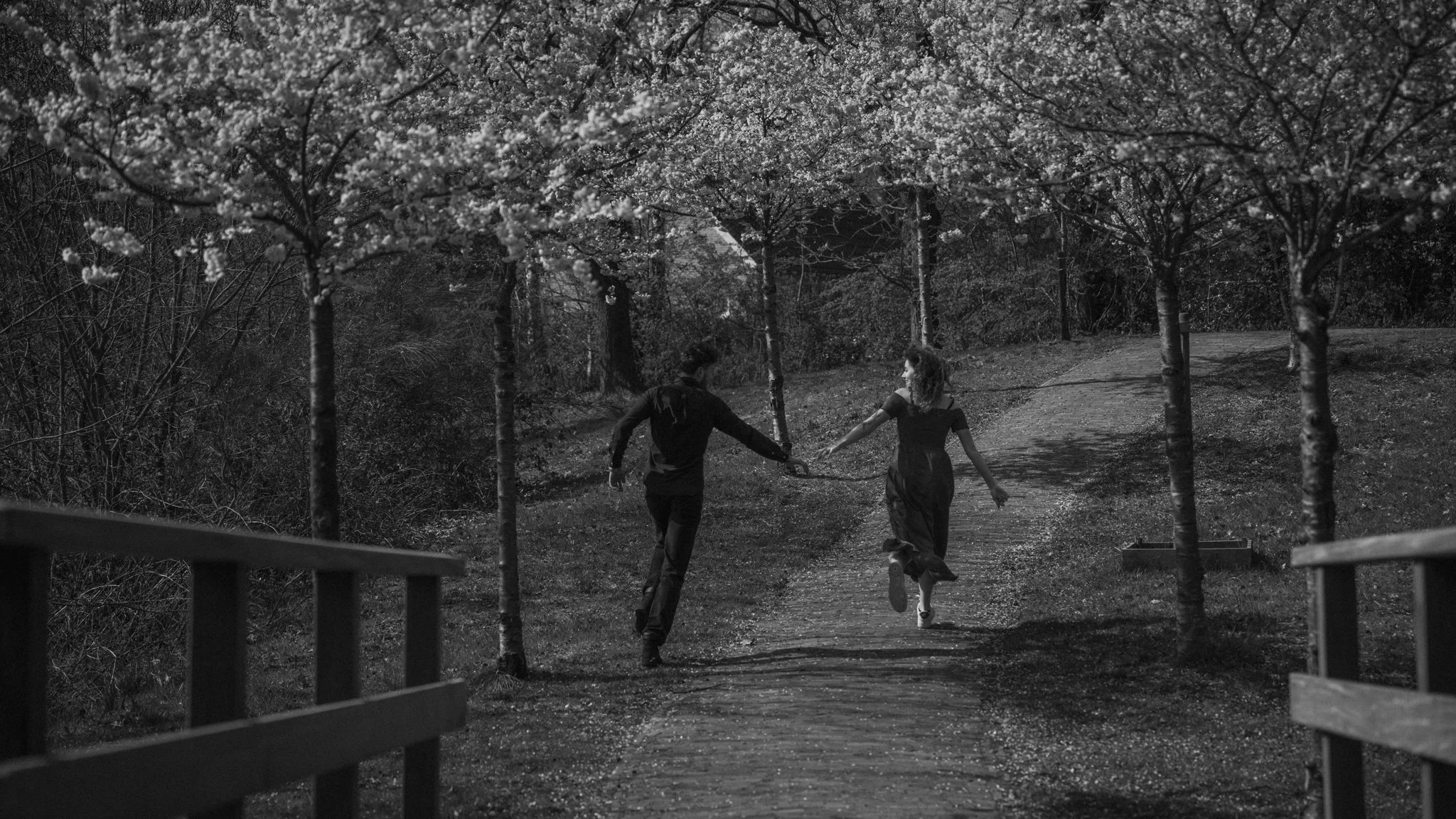 Two children walking and running hand in hand along a wooded path lined with blooming trees in spring.