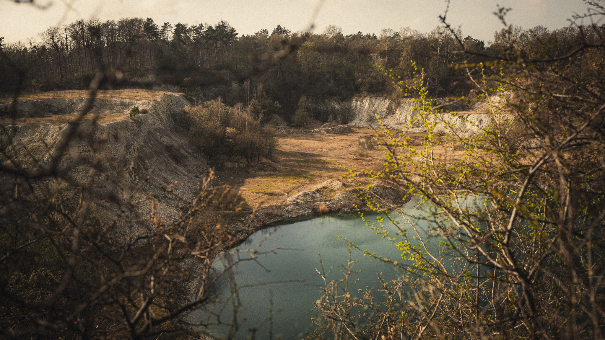 A body of water surrounded by rocky and hilly terrain with sparse trees and bushes, with a forested area in the background.