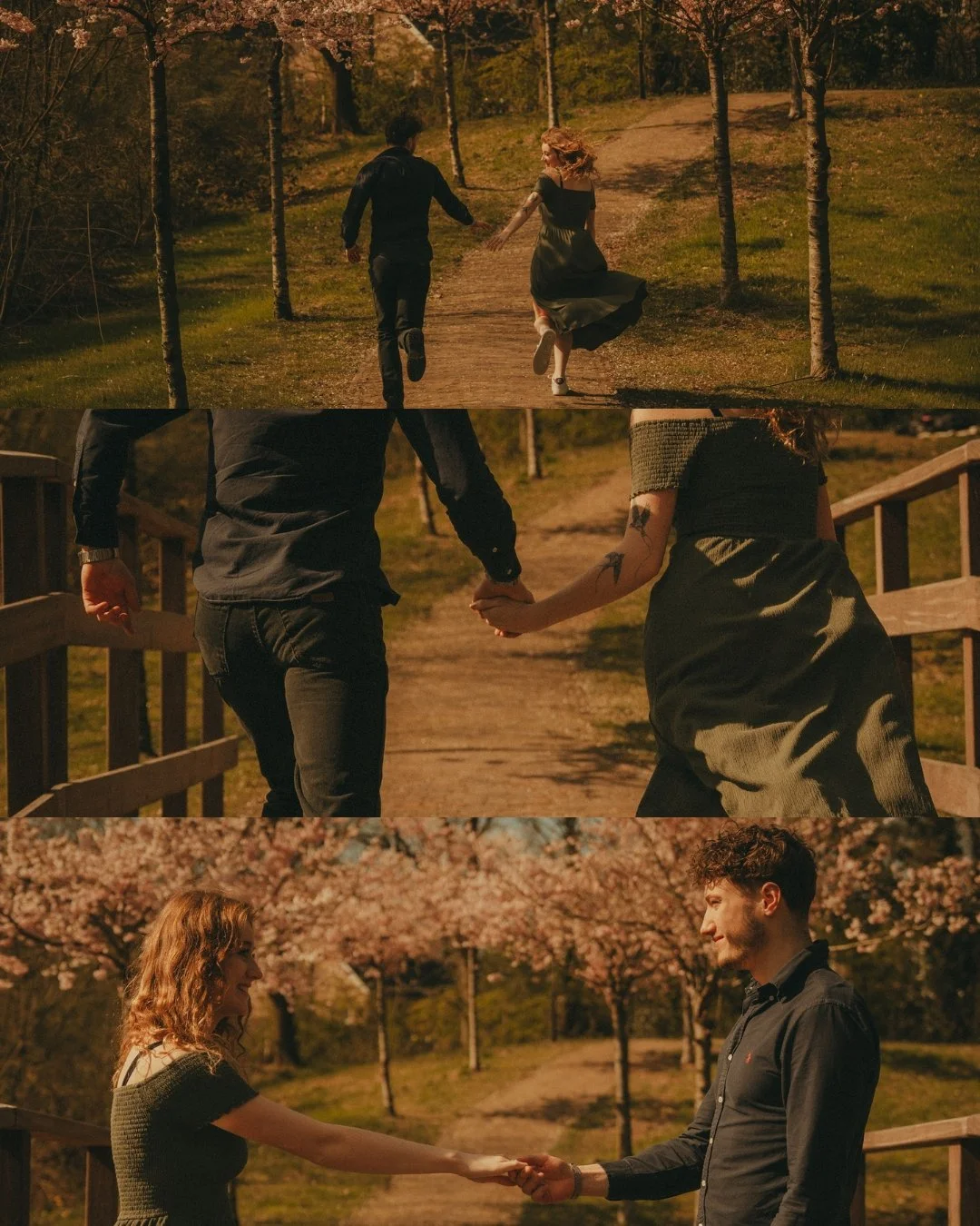 A sequence of three images showing a couple outdoors during spring, holding hands, walking, and sharing a moment with pink cherry blossoms in the background.