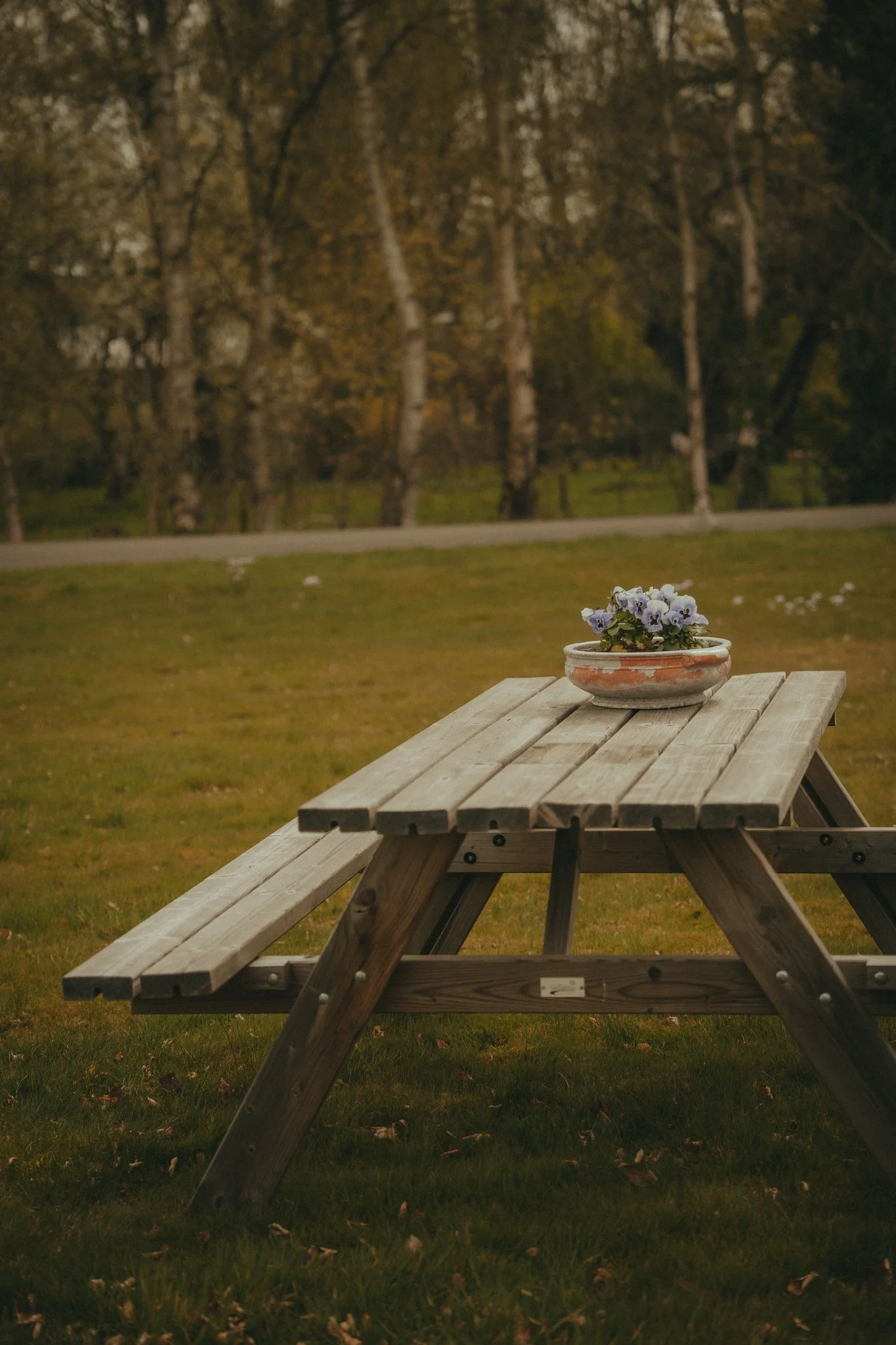 A wooden picnic table with a flowerpot containing white and purple flowers on top, set outdoors on grass with trees in the background.