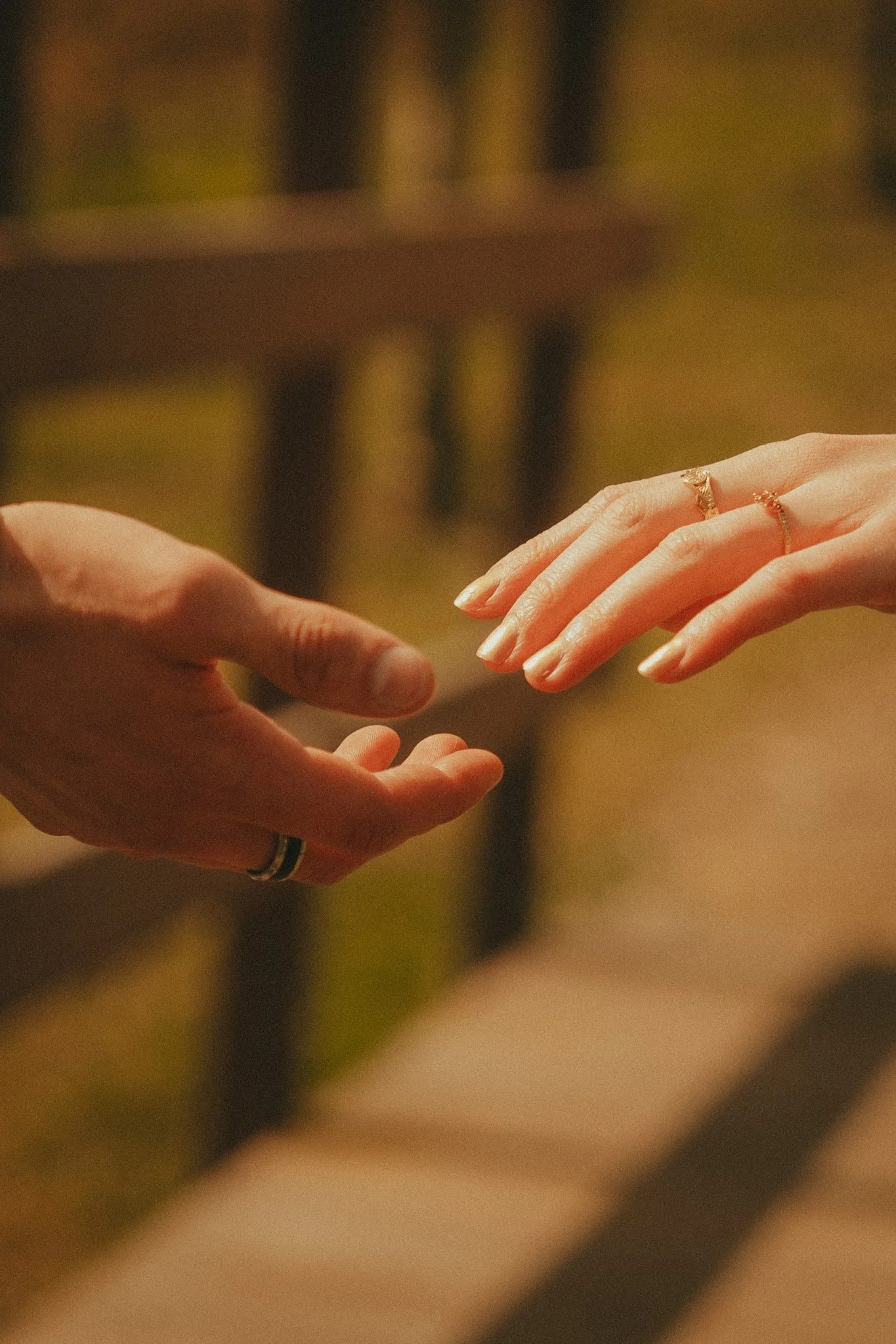 Close-up of two hands reaching towards each other with a blurred background. One hand has rings, the other is plain.
