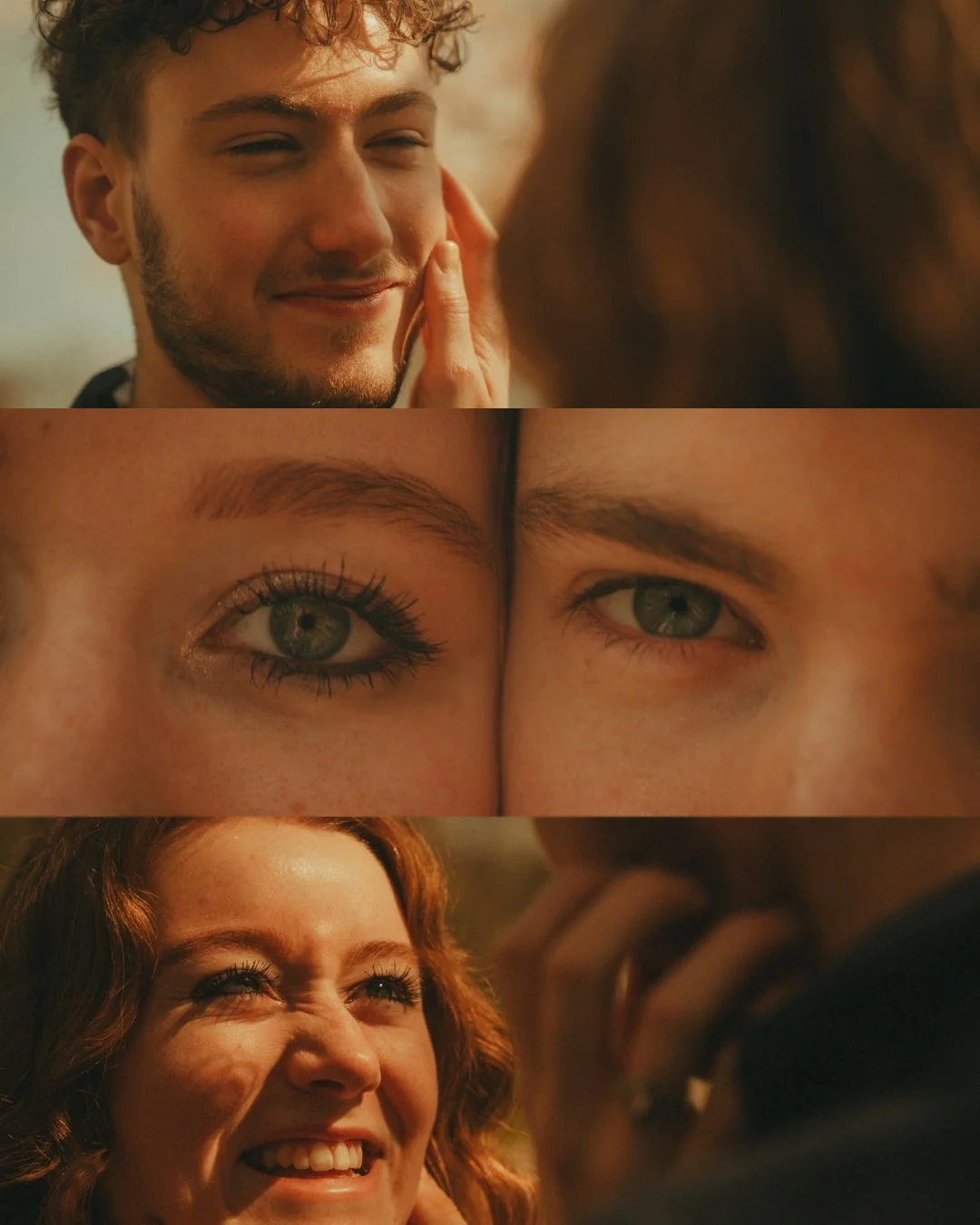 A collage of three scenes depicting romantic moments between a young man and a young woman. The first scene shows the man smiling softly while touching the woman's face. The second scene is a close-up of their eyes, looking at each other. The third scene shows the woman smiling happily as she looks at the man, who is touching her face.