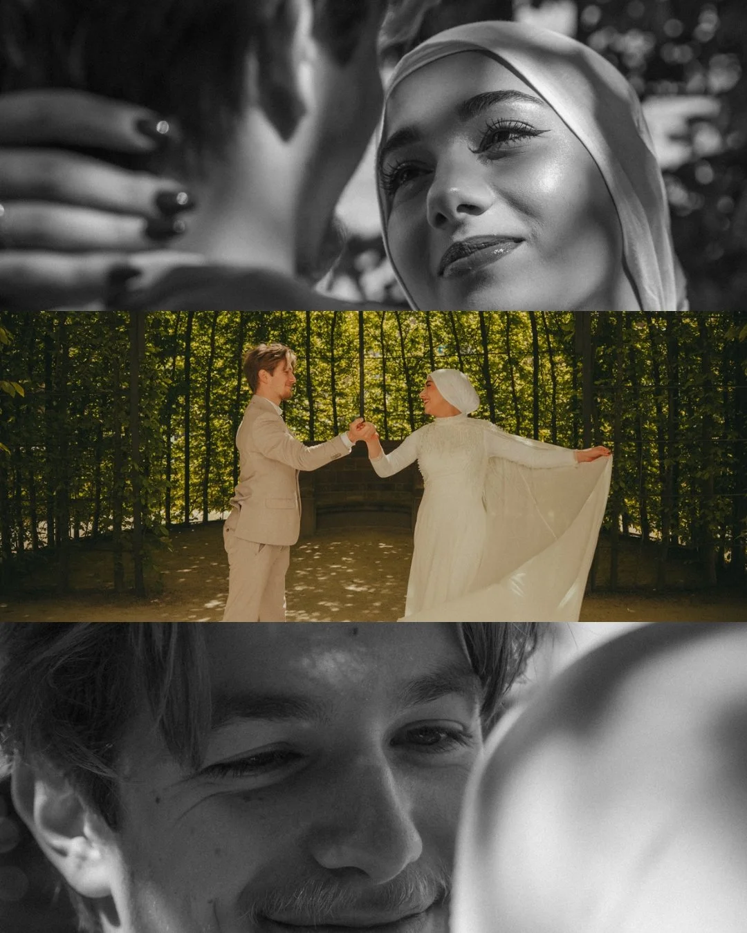 The image shows three scenes from a wedding. The top part is a close-up black-and-white shot of a woman smiling and gazing at a man whose face is partially visible. The middle part is a color photograph of a couple holding hands and dancing in a gard