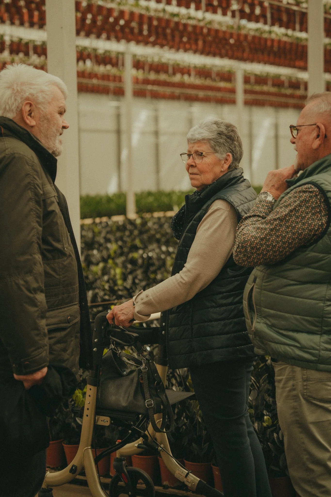 A group of elderly people talking at an indoor plant nursery. One woman uses a walker and is in the center of the group, with two men on either side.