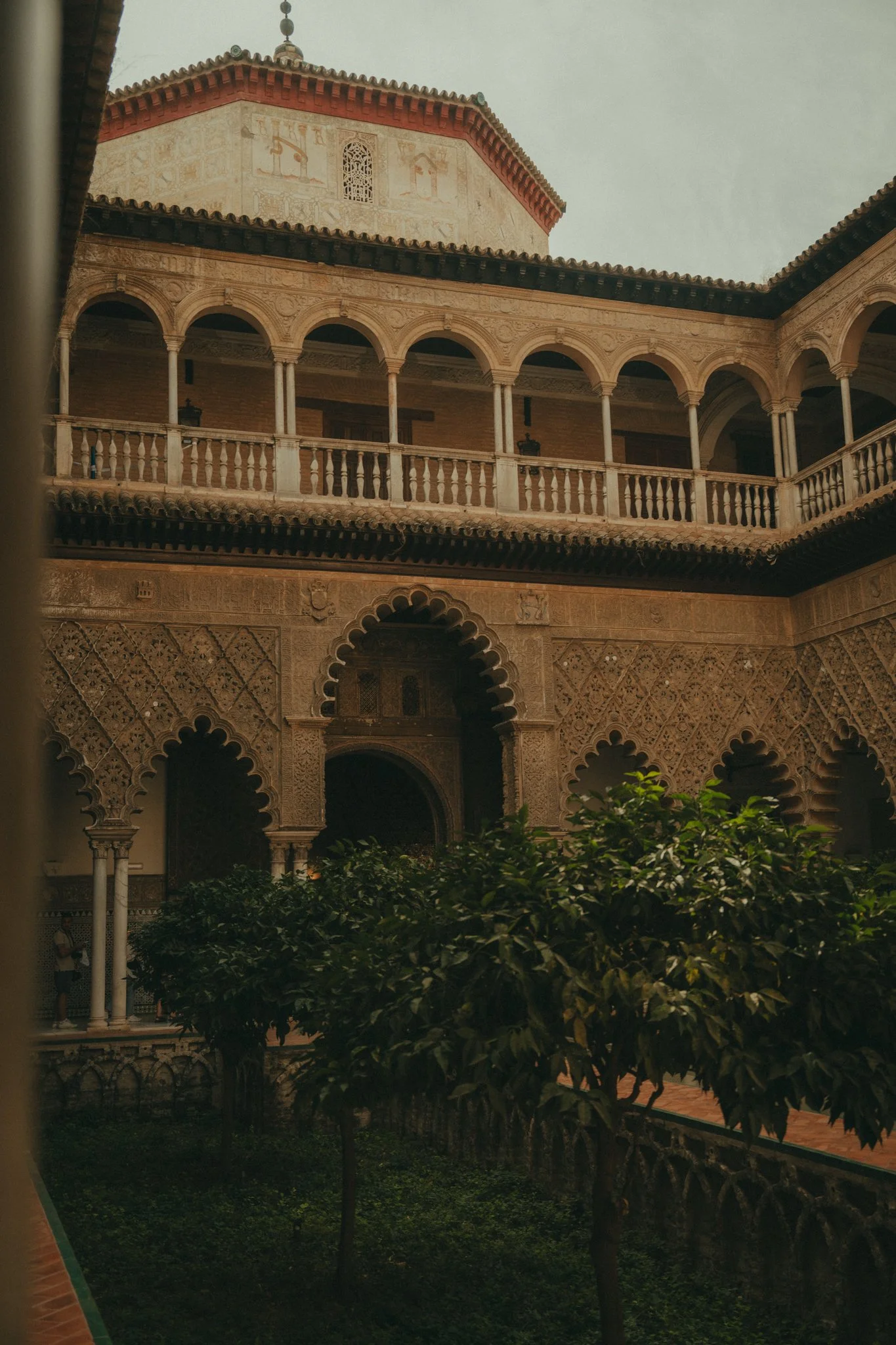 View of a historical building with intricate architectural details, arched windows, a balcony, and a tower with decorative paintings, surrounded by green plants in the foreground.