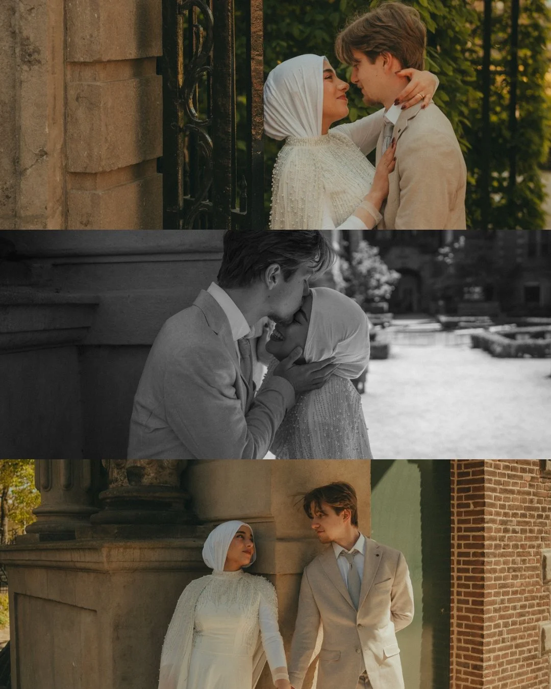 A three-panel collage showing a romantic scene between a man and a woman in vintage-style clothing. In the top panel, they are close, smiling, and embracing outdoors, with greenery in the background. In the middle panel, they are kissing, with the sc