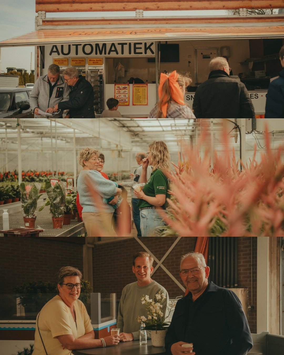 Three horizontal sections depicting different scenes. The top section shows a food stand labeled 'Automatiek' with people ordering, a woman with a large orange bow, and two men looking at a menu. The middle section features people inside a greenhouse