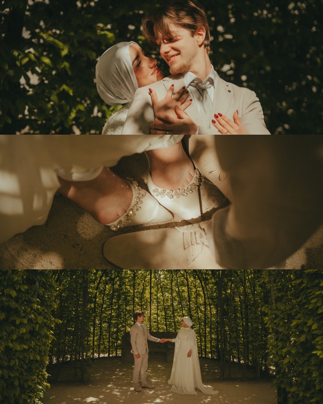 Three-panel collage from a wedding; top panel shows a smiling couple embracing outdoors, second panel is a close-up of a wedding dress, and bottom panel shows the couple holding hands inside a garden archway.