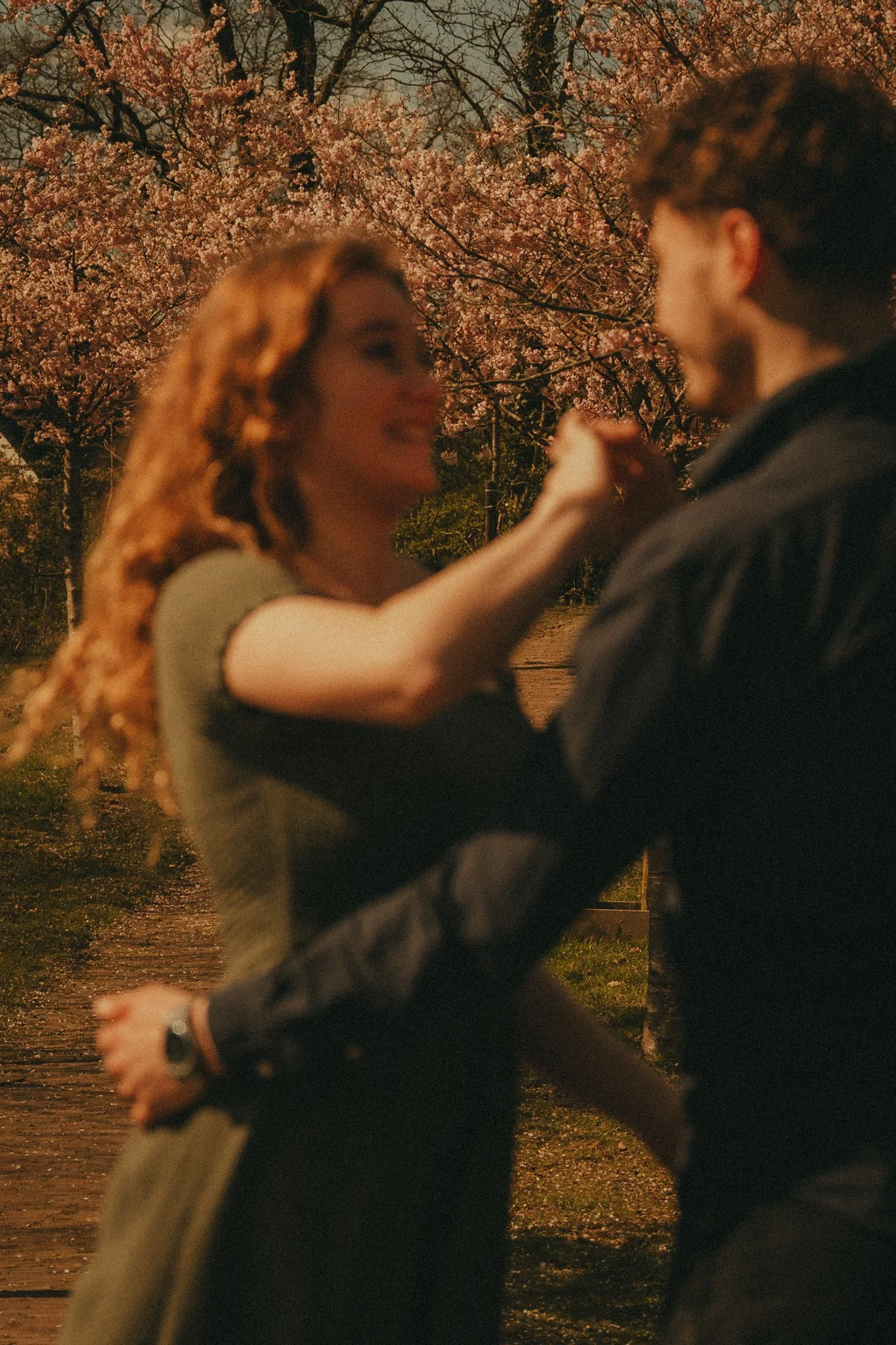 A scene of two people dancing outdoors during springtime, with blooming pink cherry blossom trees in the background, taken in the evening.