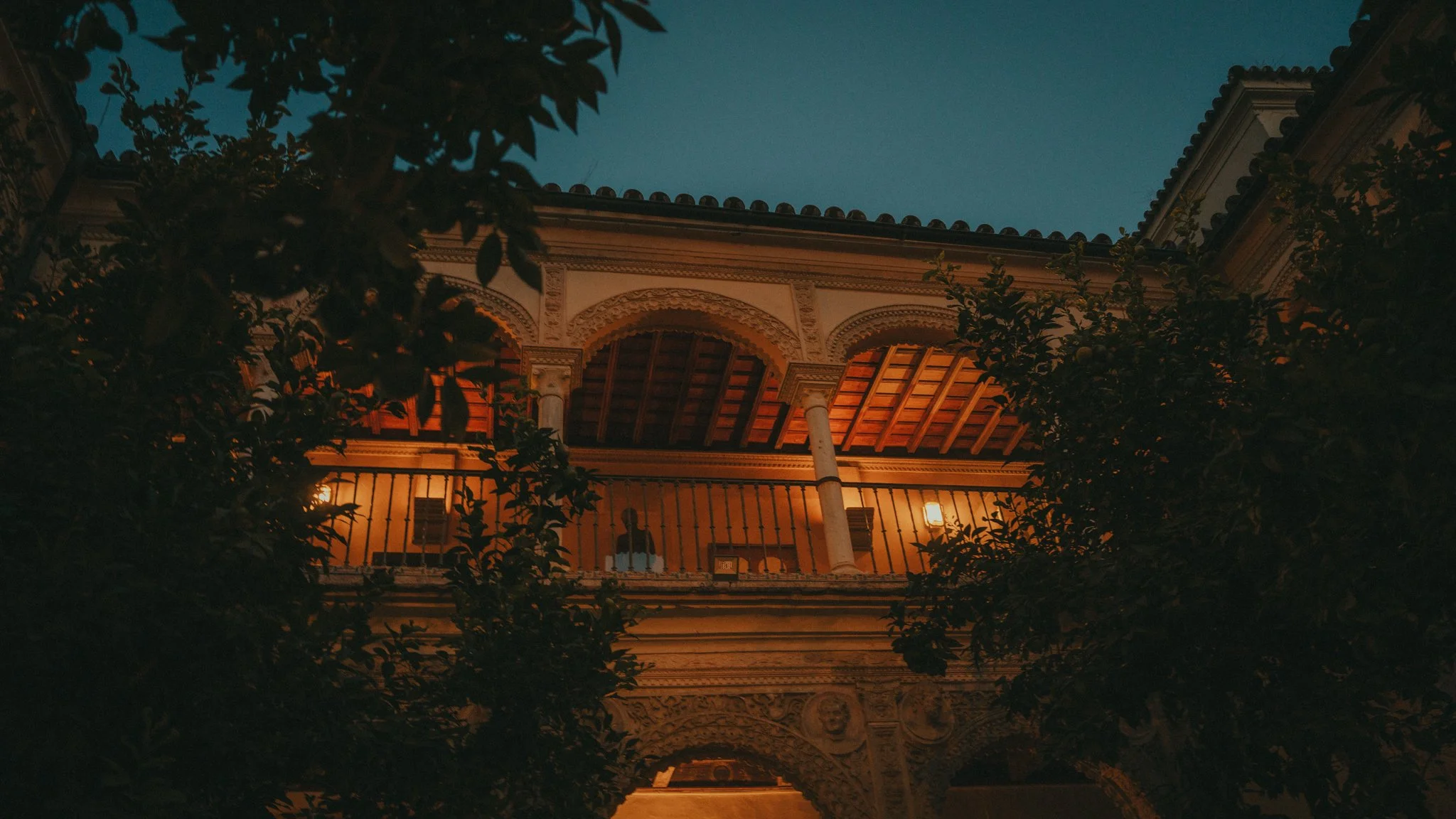 Night view of a building with architectural details, illuminated by warm lights, with trees in the foreground and a clear sky above.