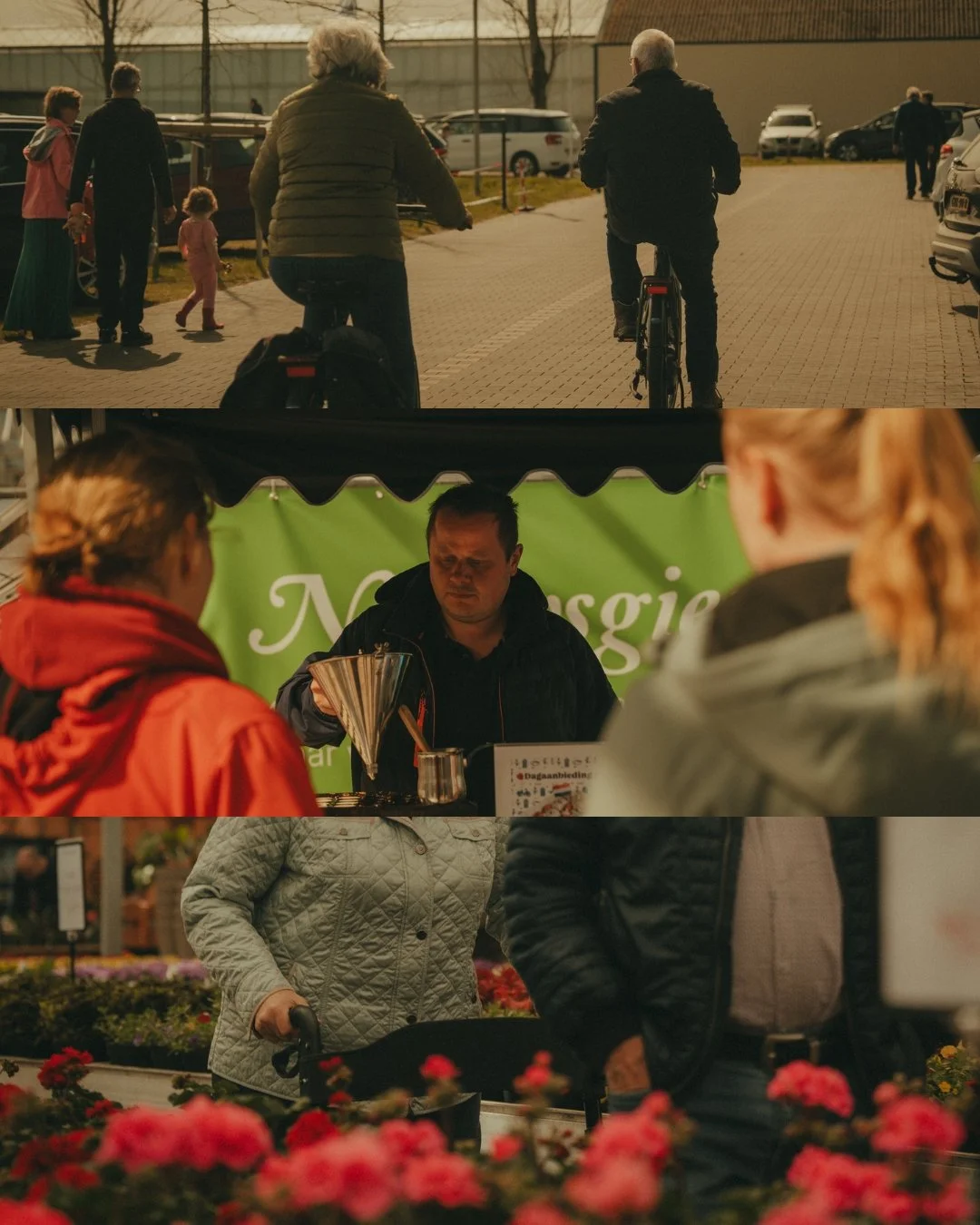 A collage of three scenes: the top shows people walking and riding bicycles in a parking lot, the middle depicts a person selling food or beverages at a market stall, and the bottom features people shopping for flowers at a flower stand.