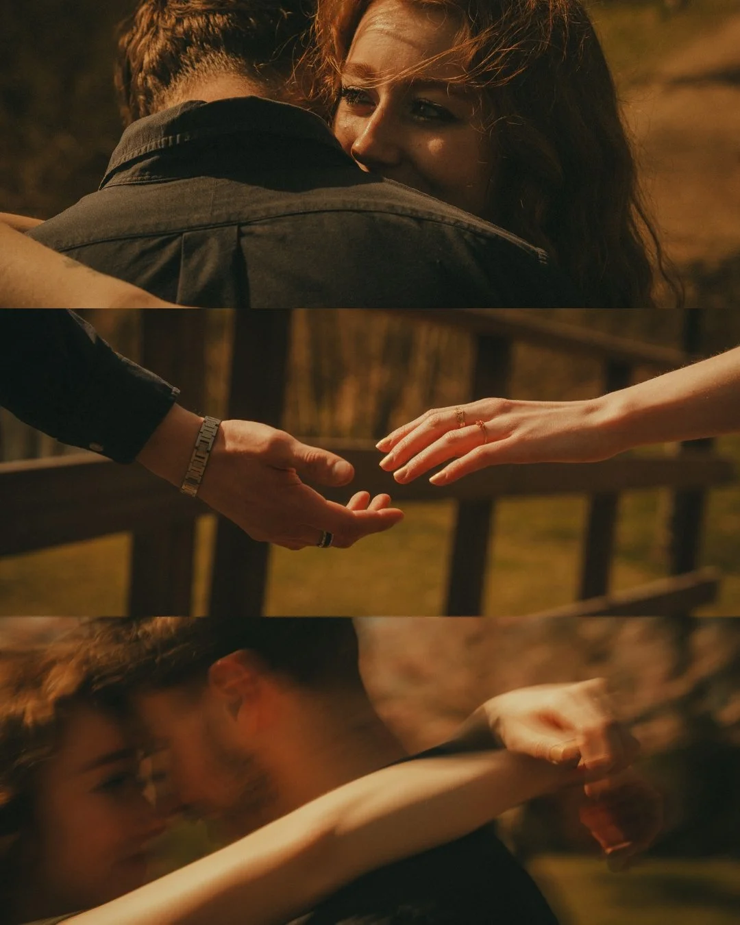 A montage of three scenes showing a romantic couple. In the top scene, a woman with red hair embraces a man outdoors with trees in the background. The middle scene shows two hands reaching out to each other over a wooden railing. In the bottom scene,