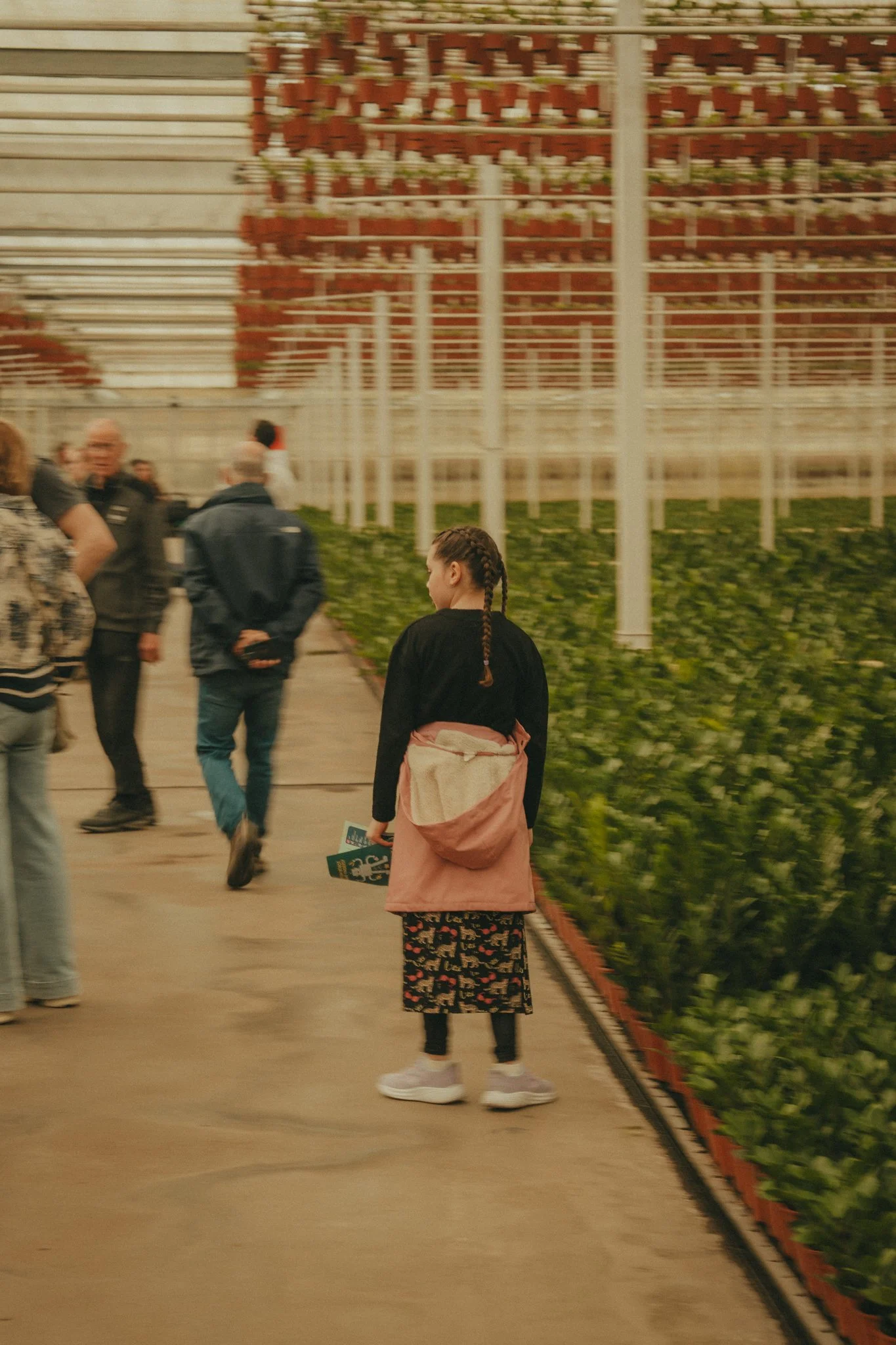 A young woman with braided hair wearing a pink jacket with a furry hood, a floral skirt, white sneakers, stands on a sidewalk near a fence with potted plants. Several people are walking and talking nearby, and there are rows of red flowers in the bac