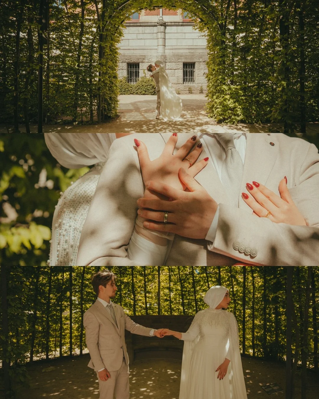 A wedding scene with a bride and groom, the bride wearing a white dress and the groom in a beige suit, standing in a garden with lush green trees and a decorative backdrop.