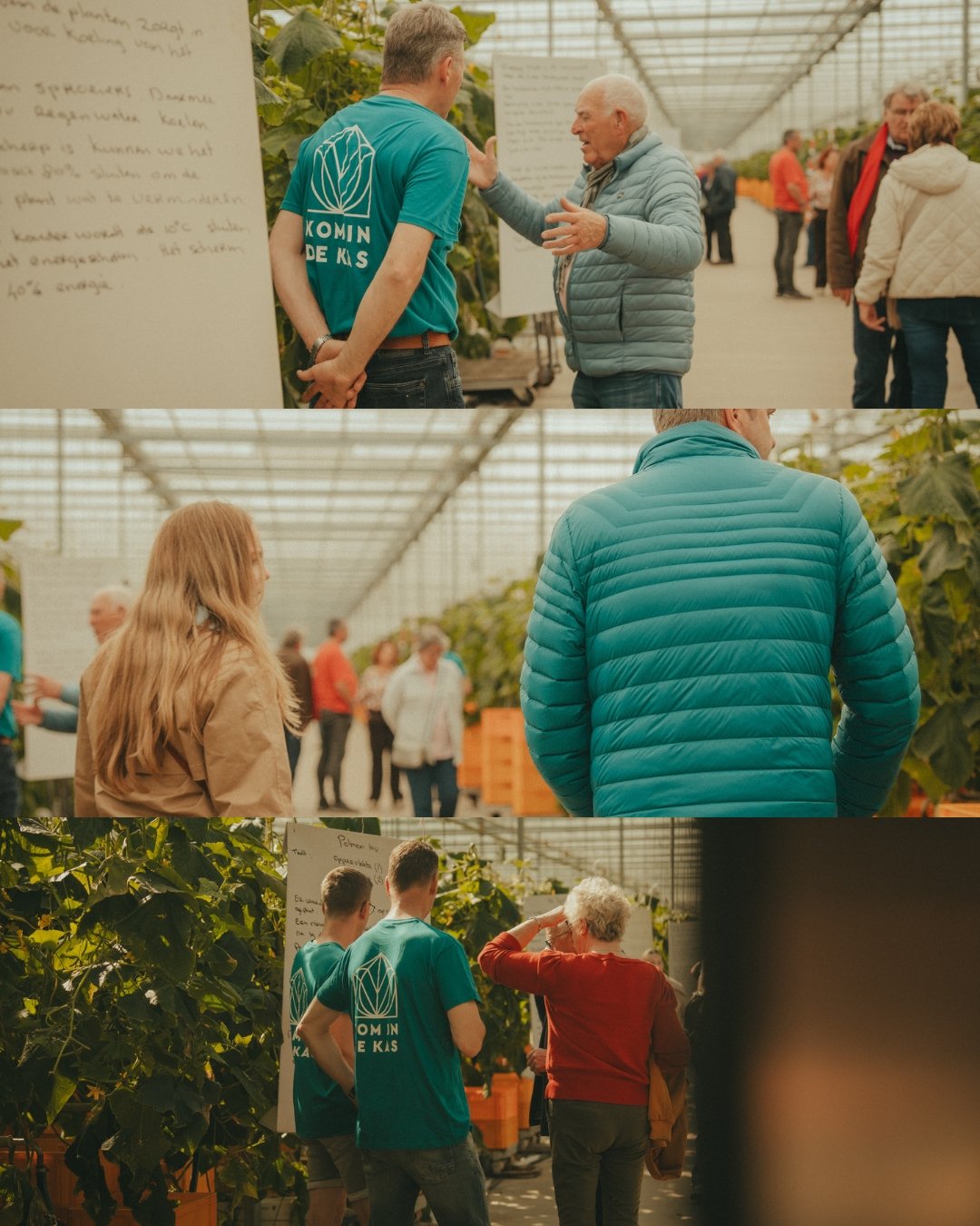 People engaging in a conversation inside a greenhouse filled with green plants, with some individuals wearing teal shirts with a logo and text, and informational whiteboards present.