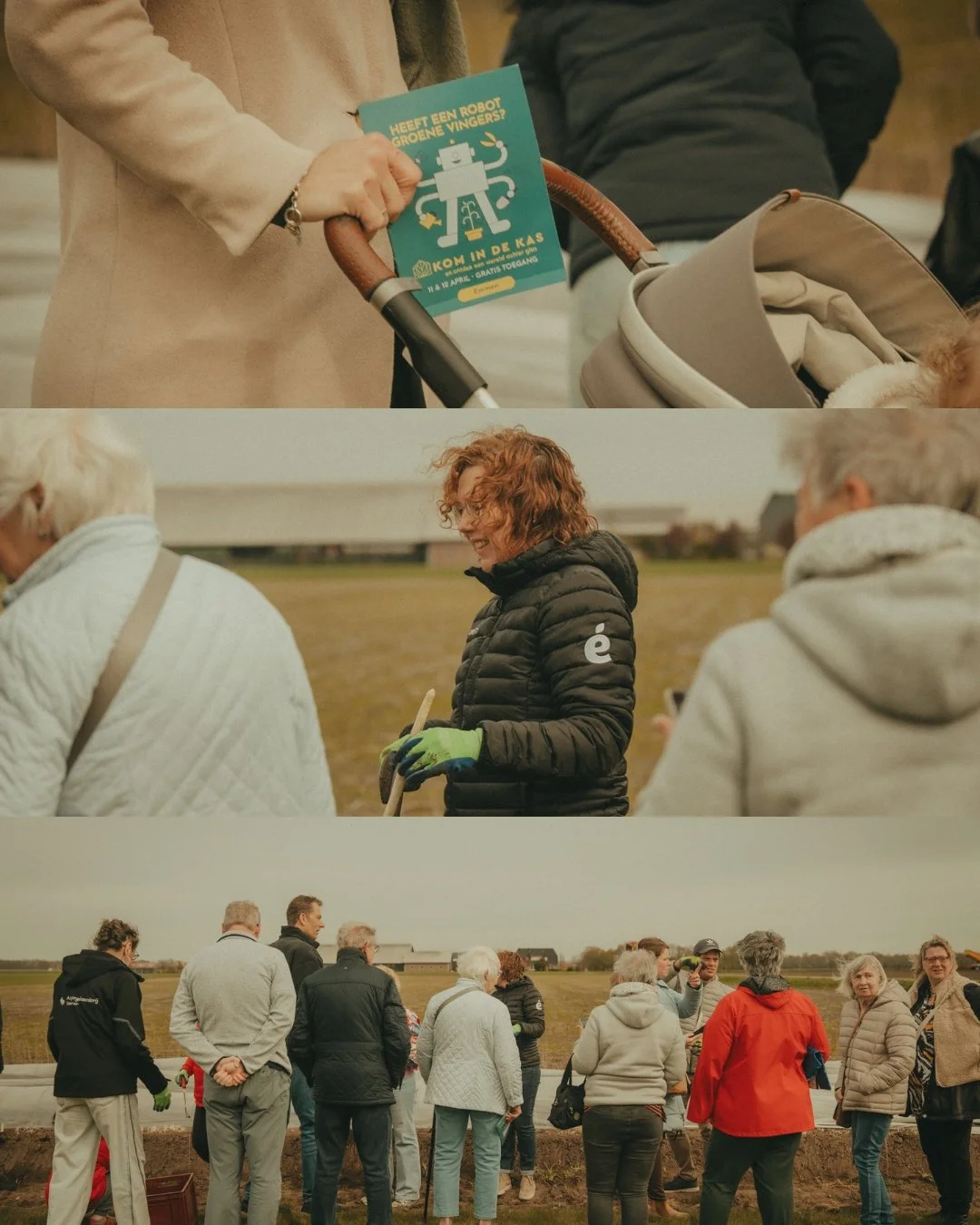 Group of people outdoors, some wearing jackets, gathered in an open field, participating in an outdoor event or activity.